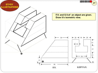 YX
F.V. LEFT S.V.
30 20 2010
15
15
15
30
50
10
15
O
O
F.V. and S.V.of an object are given.
Draw it’s isometric view.
Z
STUDY
ILLUSTRATIONS
37
 