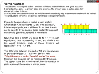 Figure to the right shows a part of a plain scale in
which length A-O represents 10 cm. If we divide A-O
into ten equal parts, each will be of 1 cm. Now it would
not be easy to divide each of these parts into ten equal
divisions to get measurements in millimeters.
Now if we take a length BO equal to 10 + 1 = 11 such
equal parts, thus representing 11 cm, and divide it into
ten equal divisions, each of these divisions will
represent 11 / 10 – 1.1 cm.
The difference between one part of AO and one division
of BO will be equal 1.1 – 1.0 = 0.1 cm or 1 mm.
This difference is called Least Count of the scale.
Minimum this distance can be measured by this scale.
The upper scale BO is the vernier.The combination of
plain scale and the vernier is vernier scale.
Vernier Scales:
These scales, like diagonal scales , are used to read to a very small unit with great accuracy.
It consists of two parts – a primary scale and a vernier. The primary scale is a plain scale fully
divided into minor divisions.
As it would be difficult to sub-divide the minor divisions in ordinary way, it is done with the help of the vernier.
The graduations on vernier are derived from those on the primary scale.
9.9 7.7 5.5 3.3 1.1
9 8 7 6 5 4 3 2 1 0A
0B
 