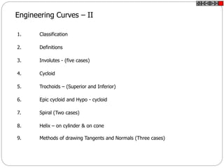 Engineering Curves – II
1. Classification
2. Definitions
3. Involutes - (five cases)
4. Cycloid
5. Trochoids – (Superior and Inferior)
6. Epic cycloid and Hypo - cycloid
7. Spiral (Two cases)
8. Helix – on cylinder & on cone
9. Methods of drawing Tangents and Normals (Three cases)
 