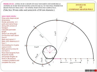1
2
34
5
6
1 2 3 4 5 6
A
P
D/2
P1
1toP
P2
P3
3 to P
P4
P
P5
P6
INVOLUTE
OF
COMPOSIT SHAPED POLE
PROBLEM 20 : A POLE IS OF A SHAPE OF HALF HEXABON AND SEMICIRCLE.
ASTRING IS TO BE WOUND HAVING LENGTH EQUAL TO THE POLE PERIMETER
DRAW PATH OF FREE END P OF STRING WHEN WOUND COMPLETELY.
(Take hex 30 mm sides and semicircle of 60 mm diameter.)
SOLUTION STEPS:
Draw pole shape as per
dimensions.
Divide semicircle in 4
parts and name those
along with corners of
hexagon.
Calculate perimeter
length.
Show it as string AP.
On this line mark 30mm
from A
Mark and name it 1
Mark D/2 distance on it
from 1
And dividing it in 4 parts
name 2,3,4,5.
Mark point 6 on line 30
mm from 5
Now draw tangents from
all points of pole
and proper lengths as
done in all previous
involute’s problems and
complete the curve.
 
