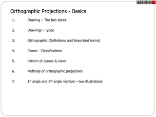Orthographic Projections - Basics
1. Drawing – The fact about
2. Drawings - Types
3. Orthographic (Definitions and Important terms)
4. Planes - Classifications
5. Pattern of planes & views
6. Methods of orthographic projections
7. 1st angle and 3rd angle method – two illustrations
 