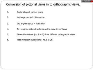 Conversion of pictorial views in to orthographic views.
1. Explanation of various terms
2. 1st angle method - illustration
3. 3rd angle method – illustration
4. To recognize colored surfaces and to draw three Views
5. Seven illustrations (no.1 to 7) draw different orthographic views
6. Total nineteen illustrations ( no.8 to 26)
 