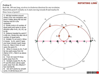A B
A1
A2
A4
A5
A3
A6
A7
P
p1 p2
p3
p4
p5
p6
p7
p8
1 2 3
4 5 6 7
Problem 9:
Rod AB, 100 mm long, revolves in clockwise direction for one revolution.
Meanwhile point P, initially on A starts moving towards B and reaches B.
Draw locus of point P.
ROTATING LINK
1) AB Rod revolves around
center O for one revolution and
point P slides along AB rod and
reaches end B in one
revolution.
2) Divide circle in 8 number of
equal parts and name in arrow
direction after A-A1, A2, A3, up
to A8.
3) Distance traveled by point P
is AB mm. Divide this also into 8
number of equal parts.
4) Initially P is on end A. When
A moves to A1, point P goes
one linear division (part) away
from A1. Mark it from A1 and
name the point P1.
5) When A moves to A2, P will
be two parts away from A2
(Name it P2 ). Mark it as above
from A2.
6) From A3 mark P3 three
parts away from P3.
7) Similarly locate P4, P5, P6,
P7 and P8 which will be eight
parts away from A8. [Means P
has reached B].
8) Join all P points by smooth
curve. It will be locus of P
 