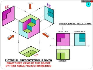x y
FRONT VIEW
TOP VIEW
L.H.SIDE VIEW
FOR T.V.
PICTORIAL PRESENTATION IS GIVEN
DRAW THREE VIEWS OF THIS OBJECT
BY FIRST ANGLE PROJECTION METHOD
ORTHOGRAPHIC PROJECTIONS
1
 