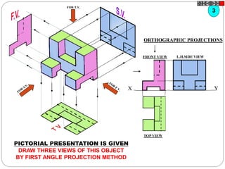 FOR T.V.
ORTHOGRAPHIC PROJECTIONS
X Y
FRONT VIEW
TOP VIEW
L.H.SIDE VIEW
3
PICTORIAL PRESENTATION IS GIVEN
DRAW THREE VIEWS OF THIS OBJECT
BY FIRST ANGLE PROJECTION METHOD
 