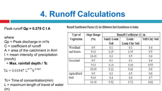 4. Runoff Calculations
Peak runoff Qp = 0.278 C I A
where
Qp = Peak discharge in m³/s
C = coefficient of runoff
A = area of the catchment in Km2
I = mean intensity of precipitation
(mm/h)
= Max. rainfall depth / Tc
Tc= Time of concentration(min)
L = maximum length of travel of water
(m)
 