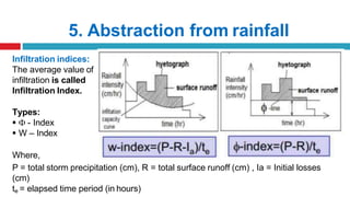 5. Abstraction from rainfall
Infiltration indices:
The average value of
infiltration is called
Infiltration Index.
Types:
  - Index
 W – Index
Where,
P = total storm precipitation (cm), R = total surface runoff (cm) , Ia = Initial losses
(cm)
te = elapsed time period (in hours)
 