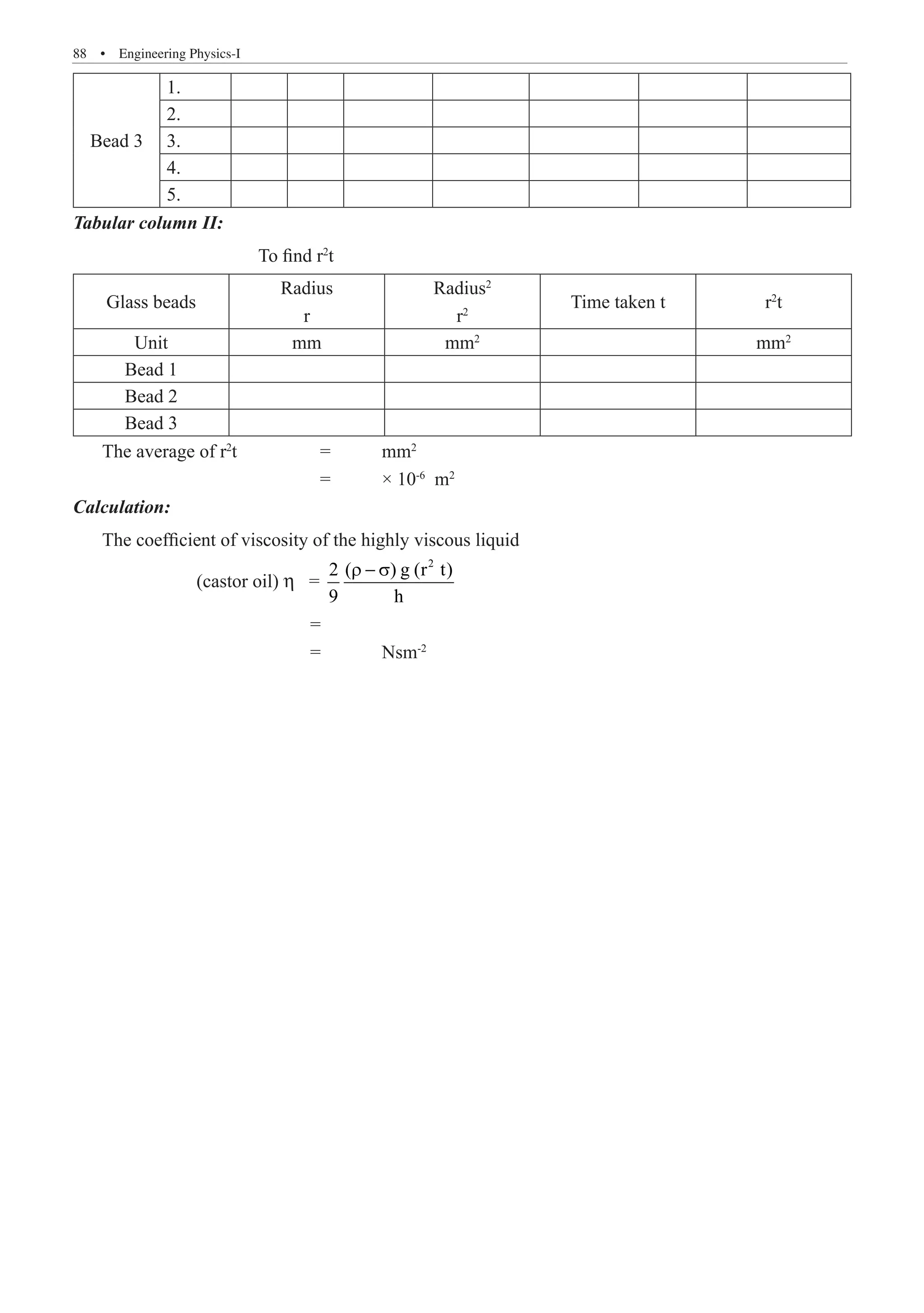 88  �  Engineering Physics-I
Bead 3
1.
2.
3.
4.
5.
Tabular column II:
			 To find r2
t
Glass beads
Radius
r
Radius2
r2
Time taken t r2
t
Unit mm mm2
mm2
Bead 1
Bead 2
Bead 3
The average of r2
t		 =	 mm2
				 =	 × 10-6
m2
Calculation:
The coefficient of viscosity of the highly viscous liquid
		 (castor oil) η =
2
2 ( ) g (r t)
9 h
r − s
			 =
			 =	 Nsm-2
 