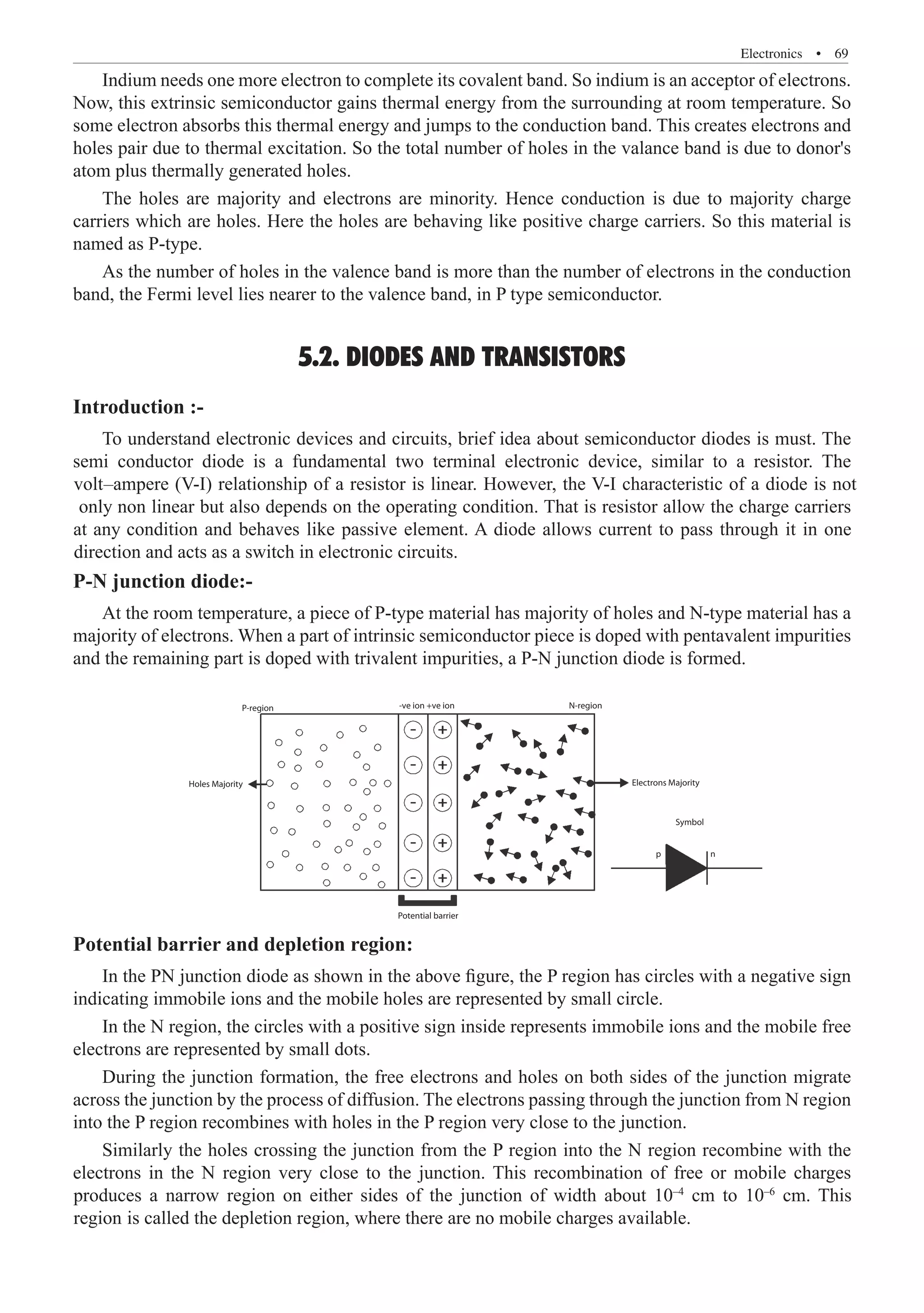 Electronics  �  69
Indium needs one more electron to complete its covalent band. So indium is an acceptor of electrons.
Now, this extrinsic semiconductor gains thermal energy from the surrounding at room temperature. So
some electron absorbs this thermal energy and jumps to the conduction band. This creates electrons and
holes pair due to thermal excitation. So the total number of holes in the valance band is due to donor's
atom plus thermally generated holes.
The holes are majority and electrons are minority. Hence conduction is due to majority charge
carriers which are holes. Here the holes are behaving like positive charge carriers. So this material is
named as P-type.
As the number of holes in the valence band is more than the number of electrons in the conduction
band, the Fermi level lies nearer to the valence band, in P type semiconductor.
5.2. DIODES AND TRANSISTORS
Introduction :-
P-N junction diode:-
At the room temperature, a piece of P-type material has majority of holes and N-type material has a
majority of electrons. When a part of intrinsic semiconductor piece is doped with pentavalent impurities
and the remaining part is doped with trivalent impurities, a P-N junction diode is formed.
P-region -ve ion +ve ion N-region
Electrons Majority
Potential barrier
Symbol
p n
Holes Majority
Potential barrier and depletion region:
In the PN junction diode as shown in the above figure, the P region has circles with a negative sign
indicating immobile ions and the mobile holes are represented by small circle.
In the N region, the circles with a positive sign inside represents immobile ions and the mobile free
electrons are represented by small dots.
During the junction formation, the free electrons and holes on both sides of the junction migrate
across the junction by the process of diffusion. The electrons passing through the junction from N region
into the P region recombines with holes in the P region very close to the junction.
To understand electronic devices and circuits, brief idea about semiconductor diodes is must. The
semi conductor diode is a fundamental two terminal electronic device, similar to a resistor. The
volt–ampere (V-I) relationship of a resistor is linear. However, the V-I characteristic of a diode is not
only non linear but also depends on the operating condition. That is resistor allow the charge carriers
at any condition and behaves like passive element. A diode allows current to pass through it in one
direction and acts as a switch in electronic circuits.
Similarly the holes crossing the junction from the P region into the N region recombine with the
electrons in the N region very close to the junction. This recombination of free or mobile charges
produces a narrow region on either sides of the junction of width about 10–4
cm to 10–6
cm. This
region is called the depletion region, where there are no mobile charges available.
 