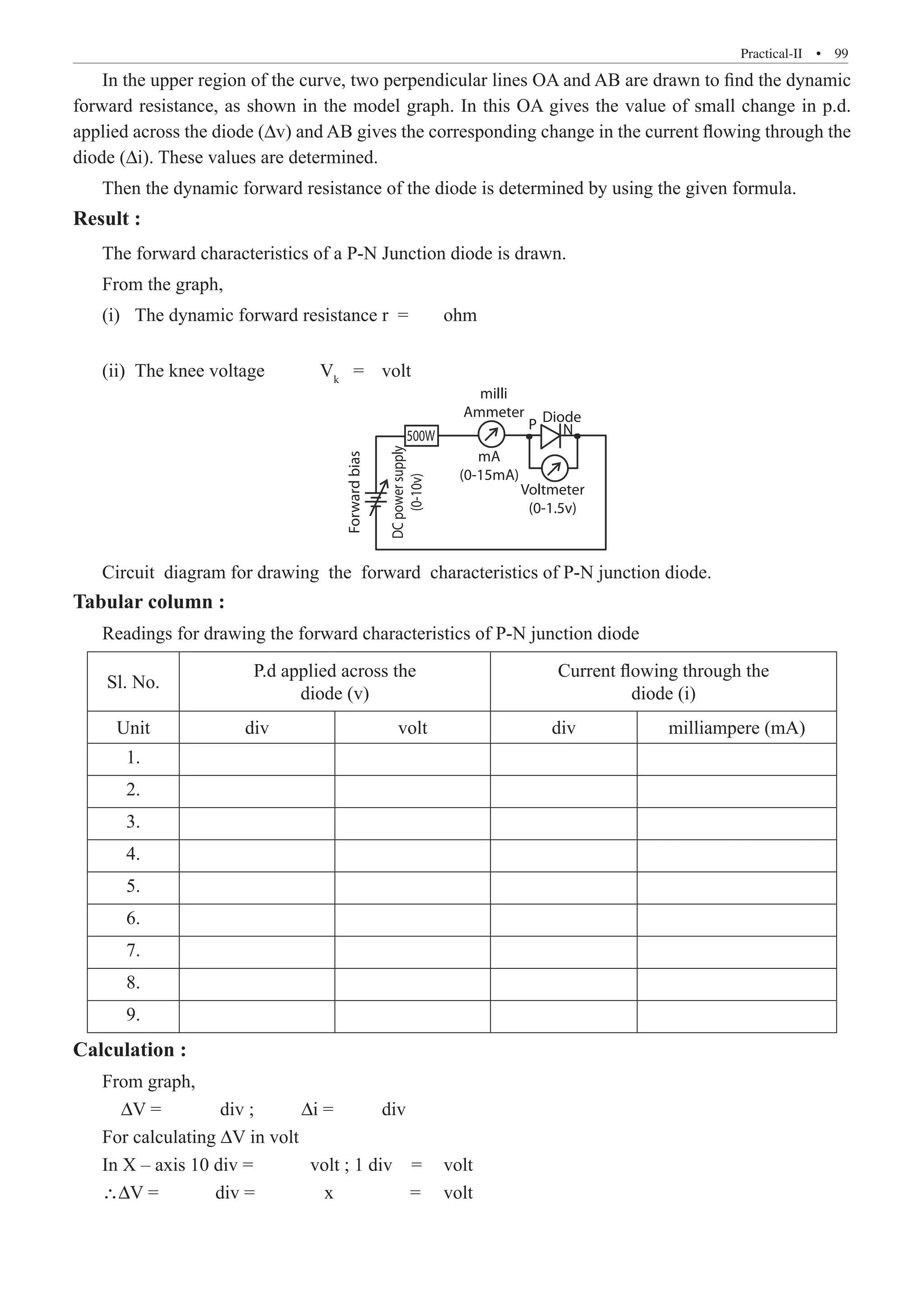 Practical-II  �  99
In the upper region of the curve, two perpendicular lines OA and AB are drawn to find the dynamic
forward resistance, as shown in the model graph. In this OA gives the value of small change in p.d.
applied across the diode (∆v) and AB gives the corresponding change in the current flowing through the
diode (∆i). These values are determined.
Then the dynamic forward resistance of the diode is determined by using the given formula.
Result :
The forward characteristics of a P-N Junction diode is drawn.
From the graph,
(i)	 The dynamic forward resistance r =	 ohm
(ii)	 The knee voltage	 Vk
=	 volt
Voltmeter
(0-1.5v)
Diode
500W
P N
mA
(0-15mA)
milli
Ammeter
DC
power
supply
(0-10v)
Forward
bias
Circuit diagram for drawing the forward characteristics of P-N junction diode.
Tabular column :
Readings for drawing the forward characteristics of P-N junction diode
Sl. No.
P.d applied across the
diode (v)
Current flowing through the
diode (i)
Unit div volt div milliampere (mA)
1.
2.
3.
4.
5.
6.
7.
8.
9.
Calculation :
From graph,
∆V =	 div ; ∆i =	 div
For calculating ∆V in volt
In X – axis 10 div =	 volt ; 1 div =	 volt
∴∆V =	 div =	 x	 =	 volt
 