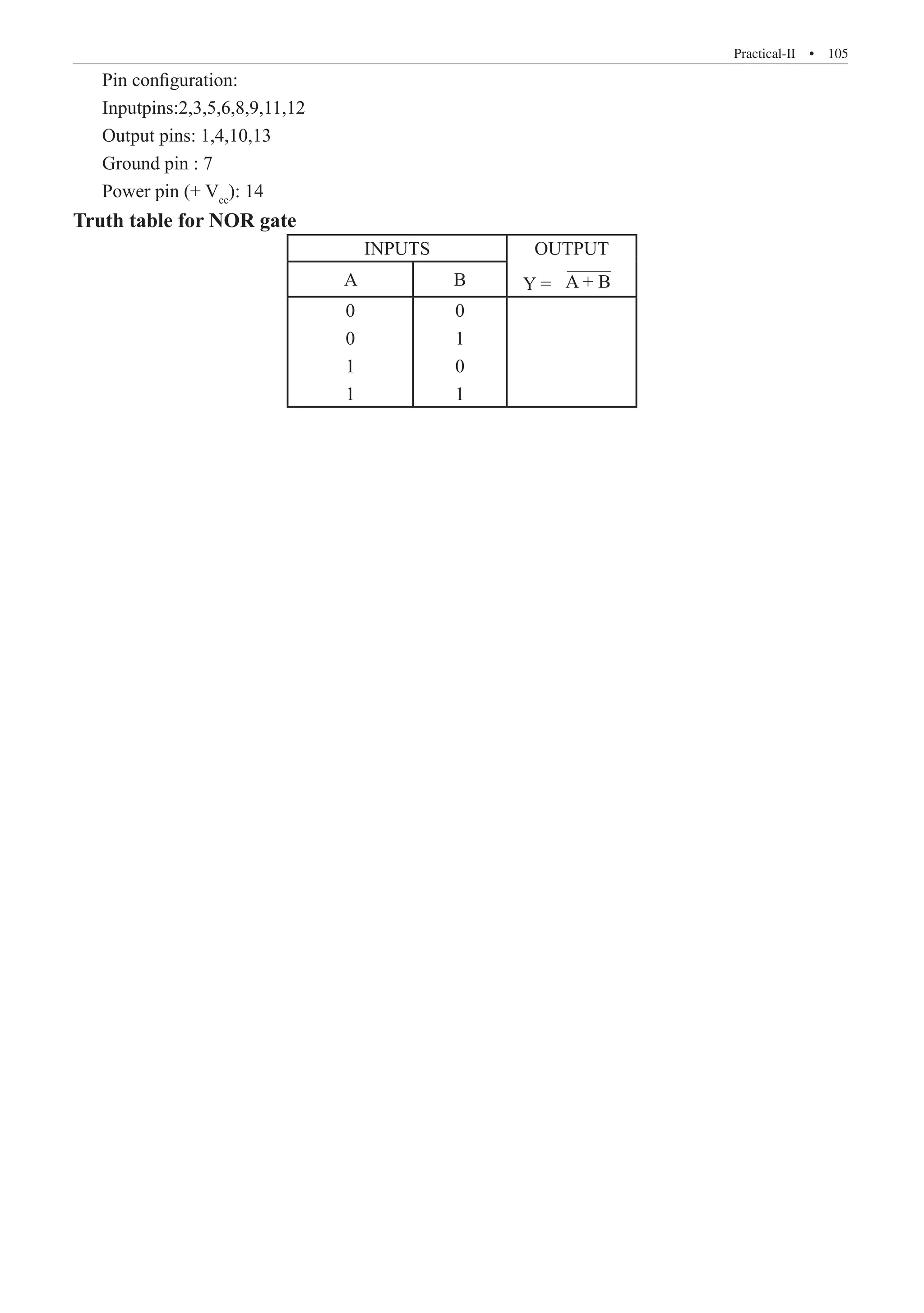 Practical-II  �  105
Pin configuration:
Inputpins:2,3,5,6,8,9,11,12
Output pins: 1,4,10,13
Ground pin : 7
Power pin (+ Vcc
): 14
Truth table for NOR gate
INPUTS OUTPUT
Y = A + B
A B
0
0
1
1
0
1
0
1
 