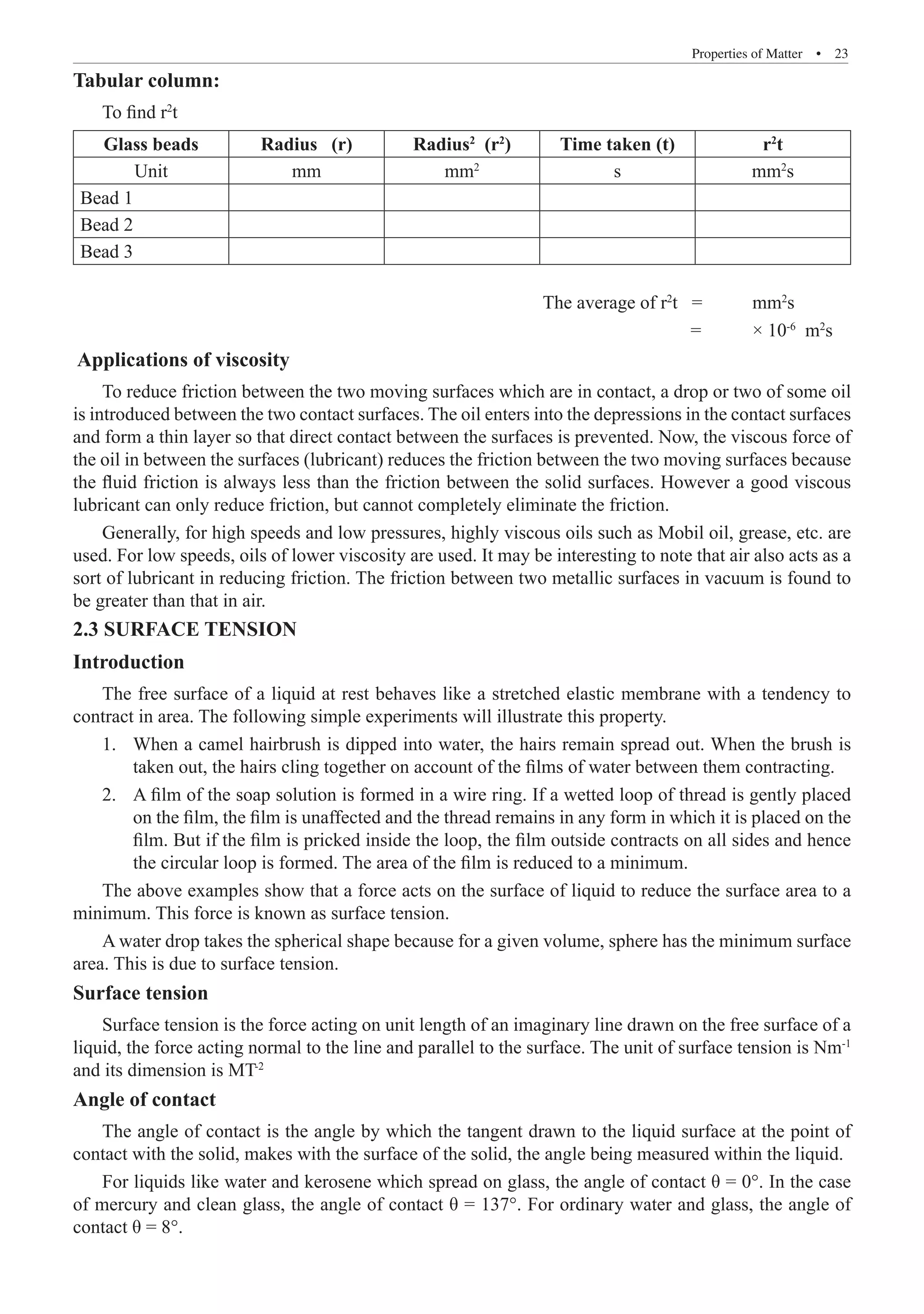 Properties of Matter  �  23
Tabular column:
To find r2
t
Glass beads Radius (r) Radius2
(r2
) Time taken (t) r2
t
Unit mm mm2
s mm2
s
Bead 1
Bead 2
Bead 3
	
							 The average of r2
t =	 mm2
s
										 =	 × 10-6
m2
s
Applications of viscosity
To reduce friction between the two moving surfaces which are in contact, a drop or two of some oil
is introduced between the two contact surfaces. The oil enters into the depressions in the contact surfaces
and form a thin layer so that direct contact between the surfaces is prevented. Now, the viscous force of
the oil in between the surfaces (lubricant) reduces the friction between the two moving surfaces because
the fluid friction is always less than the friction between the solid surfaces. However a good viscous
lubricant can only reduce friction, but cannot completely eliminate the friction.
Generally, for high speeds and low pressures, highly viscous oils such as Mobil oil, grease, etc. are
used. For low speeds, oils of lower viscosity are used. It may be interesting to note that air also acts as a
sort of lubricant in reducing friction. The friction between two metallic surfaces in vacuum is found to
be greater than that in air.
2.3 SURFACE TENSION
Introduction
The free surface of a liquid at rest behaves like a stretched elastic membrane with a tendency to
contract in area. The following simple experiments will illustrate this property.
When a camel hairbrush is dipped into water, the hairs remain spread out. When the brush is
1.	
taken out, the hairs cling together on account of the films of water between them contracting.
A film of the soap solution is formed in a wire ring. If a wetted loop of thread is gently placed
2.	
on the film, the film is unaffected and the thread remains in any form in which it is placed on the
film. But if the film is pricked inside the loop, the film outside contracts on all sides and hence
the circular loop is formed. The area of the film is reduced to a minimum.
The above examples show that a force acts on the surface of liquid to reduce the surface area to a
minimum. This force is known as surface tension.
A water drop takes the spherical shape because for a given volume, sphere has the minimum surface
area. This is due to surface tension.
Surface tension
Surface tension is the force acting on unit length of an imaginary line drawn on the free surface of a
liquid, the force acting normal to the line and parallel to the surface. The unit of surface tension is Nm-1
and its dimension is MT-2
Angle of contact
The angle of contact is the angle by which the tangent drawn to the liquid surface at the point of
contact with the solid, makes with the surface of the solid, the angle being measured within the liquid.
For liquids like water and kerosene which spread on glass, the angle of contact θ = 0°. In the case
of mercury and clean glass, the angle of contact θ = 137°. For ordinary water and glass, the angle of
contact θ = 8°.
 