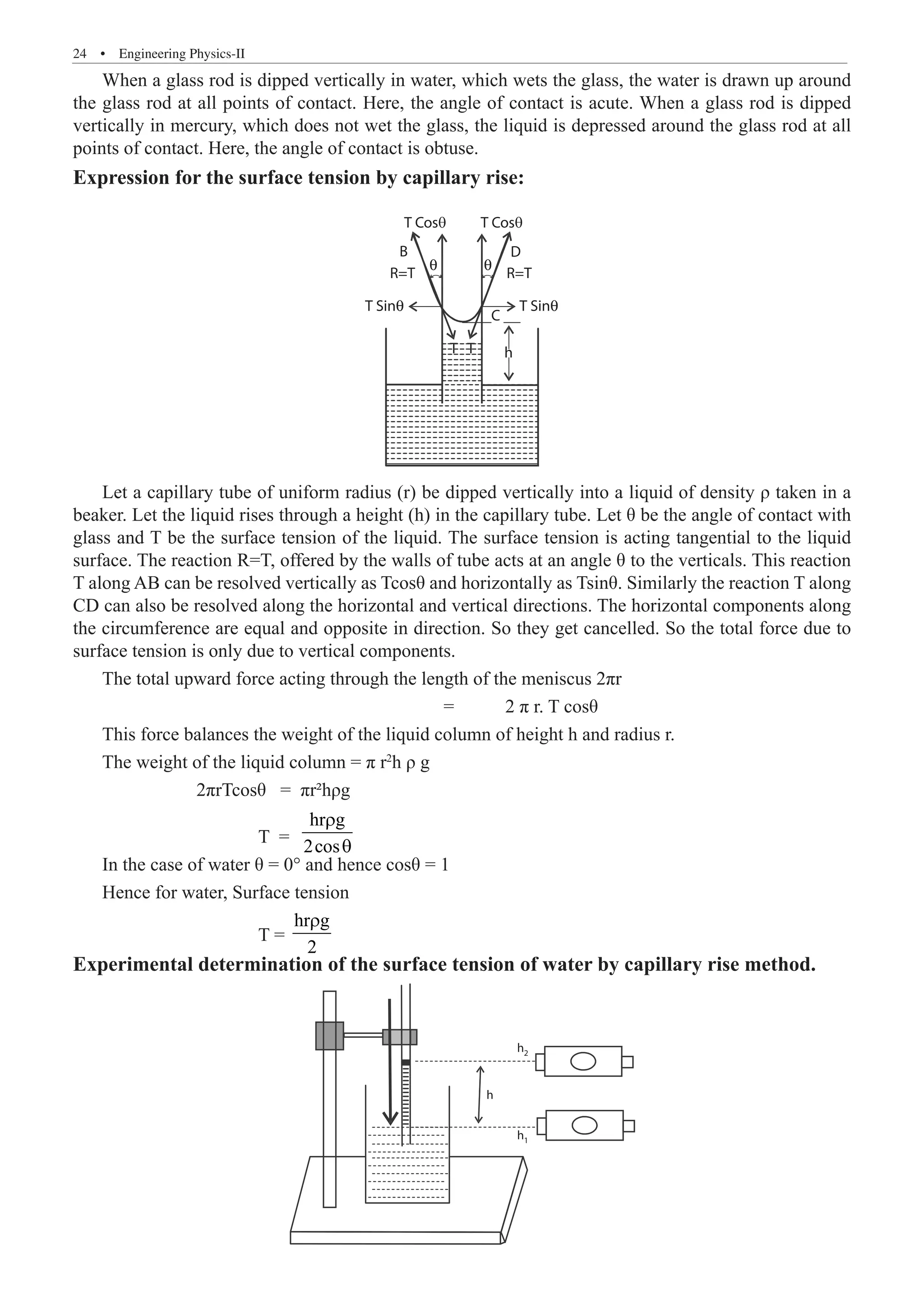 24  �  Engineering Physics-II
When a glass rod is dipped vertically in water, which wets the glass, the water is drawn up around
the glass rod at all points of contact. Here, the angle of contact is acute. When a glass rod is dipped
vertically in mercury, which does not wet the glass, the liquid is depressed around the glass rod at all
points of contact. Here, the angle of contact is obtuse.
Expression for the surface tension by capillary rise:
T Sinθ
h
T T
T Sinθ
B
R=T R=T
C
θ
θ
Let a capillary tube of uniform radius (r) be dipped vertically into a liquid of density ρ taken in a
beaker. Let the liquid rises through a height (h) in the capillary tube. Let θ be the angle of contact with
glass and T be the surface tension of the liquid. The surface tension is acting tangential to the liquid
surface. The reaction R=T, offered by the walls of tube acts at an angle θ to the verticals. This reaction
T along AB can be resolved vertically as Tcosθ and horizontally as Tsinθ. Similarly the reaction T along
CD can also be resolved along the horizontal and vertical directions. The horizontal components along
the circumference are equal and opposite in direction. So they get cancelled. So the total force due to
surface tension is only due to vertical components.
The total upward force acting through the length of the meniscus 2πr
						 =	 2 π r. T cosθ
This force balances the weight of the liquid column of height h and radius r.
The weight of the liquid column = π r2
h ρ g
		 2πrTcosθ = πr²hρg
			 T =
hr g
2cos
r
θ
In the case of water θ = 0° and hence cosθ = 1
Hence for water, Surface tension
			 T =
hr g
2
r
Experimental determination of the surface tension of water by capillary rise method.
h
h2
h1
T Cosq
D
T Cosq
 