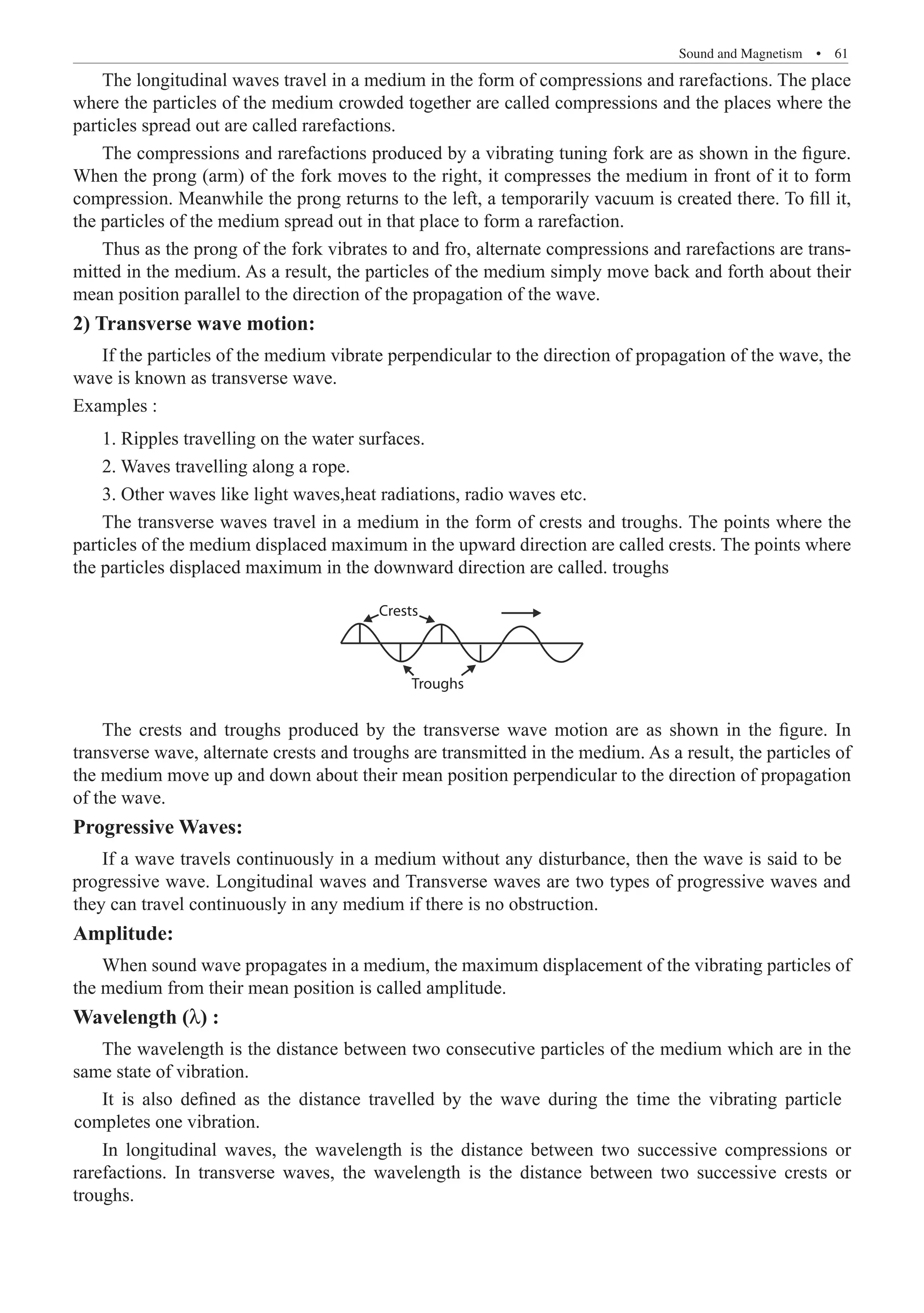 Sound and Magnetism  �  61
The longitudinal waves travel in a medium in the form of compressions and rarefactions. The place
where the particles of the medium crowded together are called compressions and the places where the
particles spread out are called rarefactions.
The compressions and rarefactions produced by a vibrating tuning fork are as shown in the figure.
When the prong (arm) of the fork moves to the right, it compresses the medium in front of it to form
compression. Meanwhile the prong returns to the left, a temporarily vacuum is created there. To fill it,
the particles of the medium spread out in that place to form a rarefaction.
Thus as the prong of the fork vibrates to and fro, alternate compressions and rarefactions are trans-
mitted in the medium. As a result, the particles of the medium simply move back and forth about their
mean position parallel to the direction of the propagation of the wave.
2) Transverse wave motion:
If the particles of the medium vibrate perpendicular to the direction of propagation of the wave, the
wave is known as transverse wave.
Examples :
1. Ripples travelling on the water surfaces.
2. Waves travelling along a rope.
3. Other waves like light waves,heat radiations, radio waves etc.
The transverse waves travel in a medium in the form of crests and troughs. The points where the
particles of the medium displaced maximum in the upward direction are called crests. The points where
the particles displaced maximum in the downward direction are called. troughs
Crests
Troughs
The crests and troughs produced by the transverse wave motion are as shown in the figure. In
transverse wave, alternate crests and troughs are transmitted in the medium. As a result, the particles of
the medium move up and down about their mean position perpendicular to the direction of propagation
of the wave.
Progressive Waves:
Amplitude:
When sound wave propagates in a medium, the maximum displacement of the vibrating particles of
the medium from their mean position is called amplitude.
Wavelength (λ) :
The wavelength is the distance between two consecutive particles of the medium which are in the
same state of vibration.
In longitudinal waves, the wavelength is the distance between two successive compressions or
rarefactions. In transverse waves, the wavelength is the distance between two successive crests or
troughs.
If a wave travels continuously in a medium without any disturbance, then the wave is said to be
progressive wave. Longitudinal waves and Transverse waves are two types of progressive waves and
they can travel continuously in any medium if there is no obstruction.
It is also defined as the distance travelled by the wave during the time the vibrating particle
completes one vibration.
 