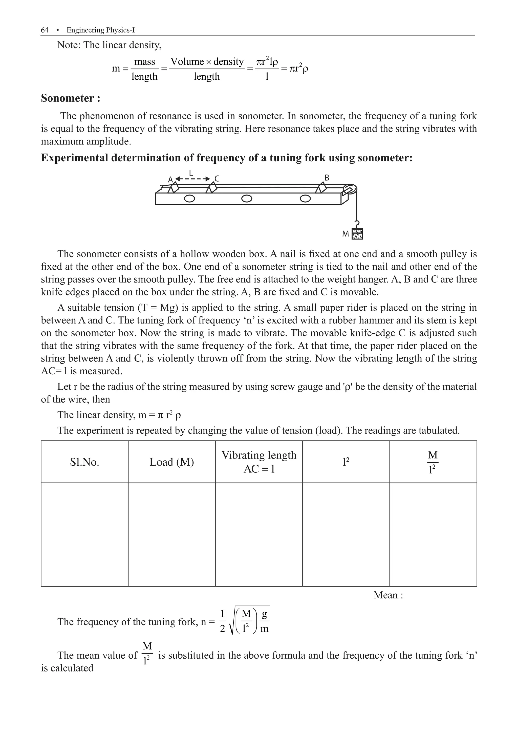 64  �  Engineering Physics-I
Note: The linear density,
		
2
2
mass Volume density r l
m r
length length l
× p r
= = = = p r
Sonometer :
The phenomenon of resonance is used in sonometer. In sonometer, the frequency of a tuning fork
is equal to the frequency of the vibrating string. Here resonance takes place and the string vibrates with
maximum amplitude.
Experimental determination of frequency of a tuning fork using sonometer:
A C B
M
L
The sonometer consists of a hollow wooden box. A nail is fixed at one end and a smooth pulley is
fixed at the other end of the box. One end of a sonometer string is tied to the nail and other end of the
string passes over the smooth pulley. The free end is attached to the weight hanger. A, B and C are three
knife edges placed on the box under the string. A, B are fixed and C is movable.
A suitable tension (T = Mg) is applied to the string. A small paper rider is placed on the string in
between A and C. The tuning fork of frequency ‘n’ is excited with a rubber hammer and its stem is kept
on the sonometer box. Now the string is made to vibrate. The movable knife-edge C is adjusted such
that the string vibrates with the same frequency of the fork. At that time, the paper rider placed on the
string between A and C, is violently thrown off from the string. Now the vibrating length of the string
AC= l is measured.
Let r be the radius of the string measured by using screw gauge and 'r' be the density of the material
of the wire, then
The linear density, m = p r2
r
The experiment is repeated by changing the value of tension (load). The readings are tabulated.
Sl.No. Load (M)
Vibrating length
AC = l
l2
2
M
l
									 Mean :
The frequency of the tuning fork, n = 2
1 M g
2 l m
 
 
 
The mean value of 2
M
l
is substituted in the above formula and the frequency of the tuning fork ‘n’
is calculated
 