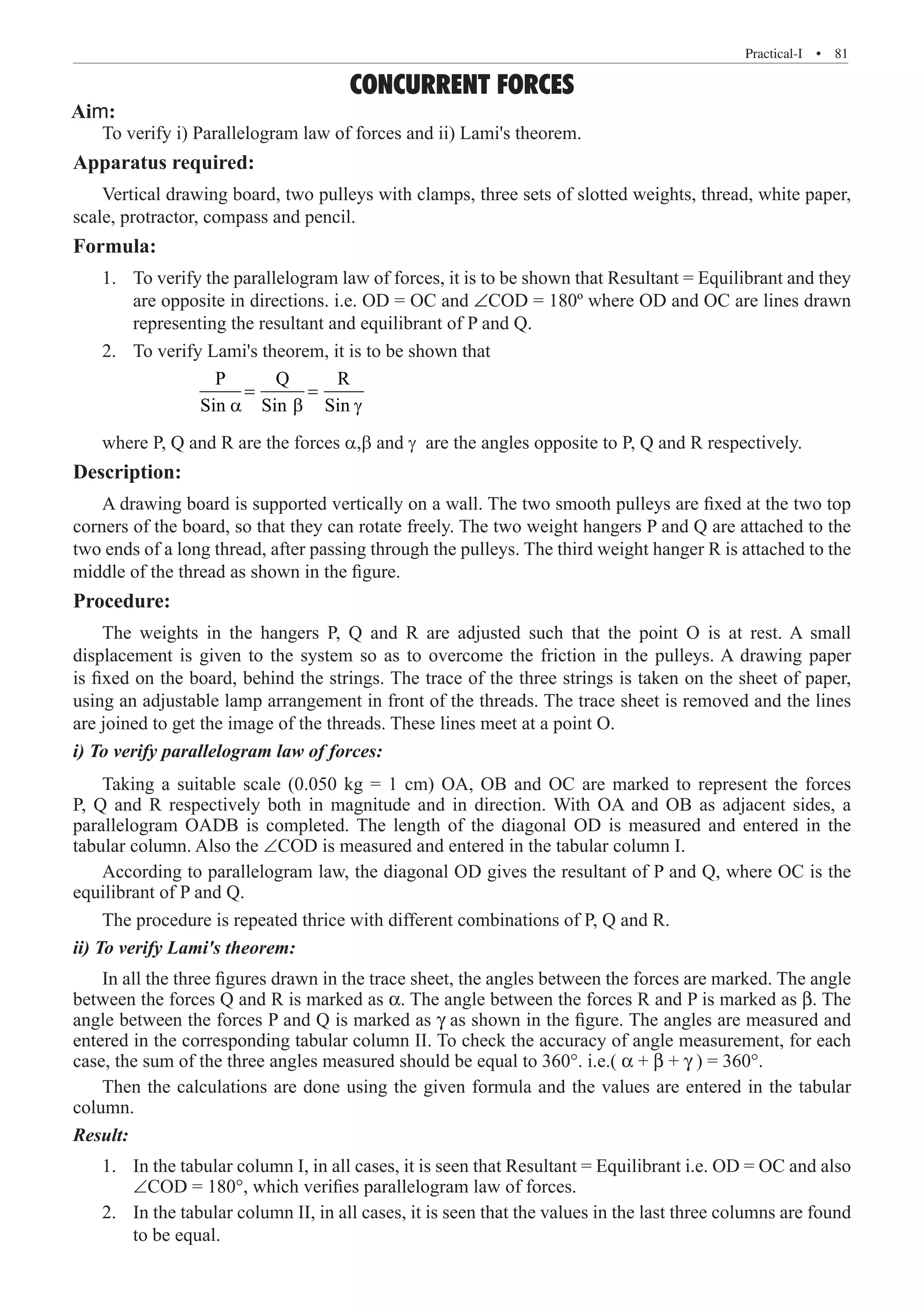 Practical-I  �  81
CONCURRENT FORCES
Vertical drawing board, two pulleys with clamps, three sets of slotted weights, thread, white paper,
scale, protractor, compass and pencil.
Formula:
To verify the parallelogram law of forces, it is to be shown that Resultant = Equilibrant and they
1.	
are opposite in directions. i.e. OD = OC and ∠COD = 180º where OD and OC are lines drawn
representing the resultant and equilibrant of P and Q.
To verify Lami's theorem, it is to be shown that
2.	
		
P Q R
Sin Sin Sin
= =
a b g
where P, Q and R are the forces a,b and g are the angles opposite to P, Q and R respectively.
Description:
A drawing board is supported vertically on a wall. The two smooth pulleys are fixed at the two top
corners of the board, so that they can rotate freely. The two weight hangers P and Q are attached to the
two ends of a long thread, after passing through the pulleys. The third weight hanger R is attached to the
middle of the thread as shown in the figure.
Procedure:
The weights in the hangers P, Q and R are adjusted such that the point O is at rest. A small
displacement is given to the system so as to overcome the friction in the pulleys. A drawing paper
is fixed on the board, behind the strings. The trace of the three strings is taken on the sheet of paper,
using an adjustable lamp arrangement in front of the threads. The trace sheet is removed and the lines
are joined to get the image of the threads. These lines meet at a point O.
i) To verify parallelogram law of forces:
Taking a suitable scale (0.050 kg = 1 cm) OA, OB and OC are marked to represent the forces
P, Q and R respectively both in magnitude and in direction. With OA and OB as adjacent sides, a
parallelogram OADB is completed. The length of the diagonal OD is measured and entered in the
tabular column. Also the ∠COD is measured and entered in the tabular column I.
According to parallelogram law, the diagonal OD gives the resultant of P and Q, where OC is the
equilibrant of P and Q.
The procedure is repeated thrice with different combinations of P, Q and R.
ii) To verify Lami's theorem:
In all the three figures drawn in the trace sheet, the angles between the forces are marked. The angle
between the forces Q and R is marked as α. The angle between the forces R and P is marked as β. The
angle between the forces P and Q is marked as γ as shown in the figure. The angles are measured and
entered in the corresponding tabular column II. To check the accuracy of angle measurement, for each
case, the sum of the three angles measured should be equal to 360°. i.e.( α + β + γ ) = 360°.
Then the calculations are done using the given formula and the values are entered in the tabular
column.
Result:
In the tabular column I, in all cases, it is seen that Resultant = Equilibrant i.e. OD = OC and also
1.	
∠COD = 180°, which verifies parallelogram law of forces.
In the tabular column II, in all cases, it is seen that the values in the last three columns are found
2.	
to be equal.
To verify i) Parallelogram law of forces and ii) Lami's theorem.
Apparatus required:
Aim:
 