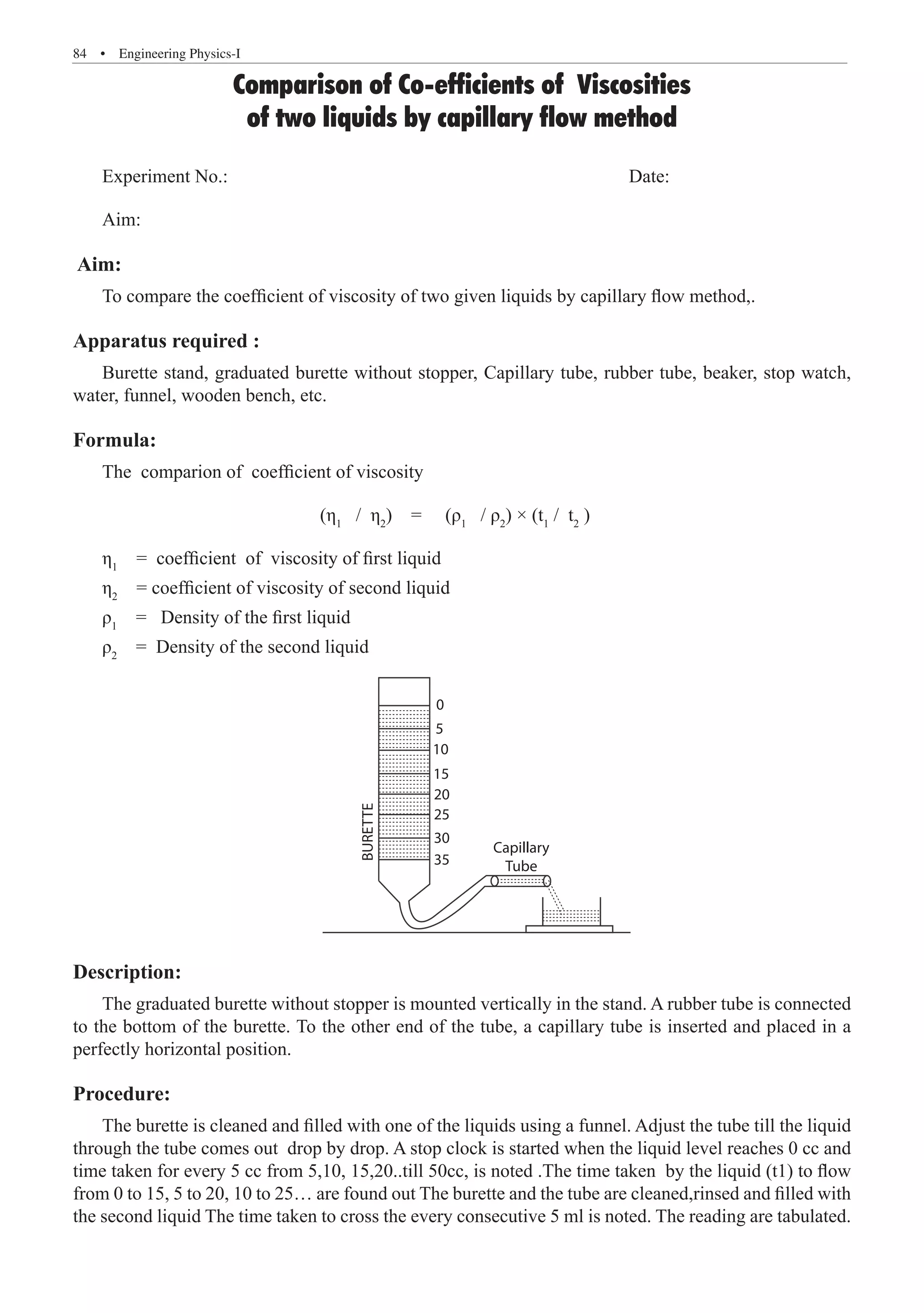 84  �  Engineering Physics-I
Comparison of Co-efficients of Viscosities
of two liquids by capillary flow method
Experiment No.: 							 Date:
Aim:
Aim:
To compare the coefficient of viscosity of two given liquids by capillary flow method,.
Apparatus required :
Burette stand, graduated burette without stopper, Capillary tube, rubber tube, beaker, stop watch,
water, funnel, wooden bench, etc.
Formula:
The comparion of coefficient of viscosity
				 (η1
/ η2
) = (ρ1
/ ρ2
) × (t1
/ t2
)
η1
= coefficient of viscosity of first liquid
η2
= coefficient of viscosity of second liquid
ρ1
= Density of the first liquid
ρ2
= Density of the second liquid
0
5
10
15
20
25
30
35
Capillary
Tube
BURETTE
Description:
The graduated burette without stopper is mounted vertically in the stand. A rubber tube is connected
to the bottom of the burette. To the other end of the tube, a capillary tube is inserted and placed in a
perfectly horizontal position.
Procedure:
The burette is cleaned and filled with one of the liquids using a funnel. Adjust the tube till the liquid
through the tube comes out drop by drop. A stop clock is started when the liquid level reaches 0 cc and
time taken for every 5 cc from 5,10, 15,20..till 50cc, is noted .The time taken by the liquid (t1) to flow
from 0 to 15, 5 to 20, 10 to 25… are found out The burette and the tube are cleaned,rinsed and filled with
the second liquid The time taken to cross the every consecutive 5 ml is noted. The reading are tabulated.
 