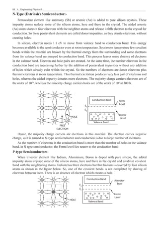 68  �  Engineering Physics-II
N-Type (Extrinsic) Semiconductor:-
Pentavalent element like antimony (Sb) or arsenic (As) is added to pure silicon crystals. These
impurity atoms replace some of the silicon atoms, here and there in the crystal. The added arsenic
(As) atom shares it four electrons with the neighbor atoms and release it fifth electron to the crystal for
conduction. So these pentavalent elements are called donor impurities, as they donate electrons. without
creating holes.
In silicon, electron needs 1.1 eV to move from valence band to conduction band. This energy
becomes available to the semi conductor even at room temperature. So at room temperature few covalent
bonds within the material are broken by the thermal energy from the surrounding and some electrons
from the valence band are pumped to conduction band. This process leaves some absence of electrons
in the valence band. Electron and hole pairs are created. At the same time, the number electrons in the
conduction band are increasing further by the addition of pentavalent impurities without any addition
of holes which already exist within the crystal. So the numbers of electrons are donor electrons plus
thermal electrons at room temperature. This thermal excitation produces very less pair of electrons and
holes, whereas the added impurity donates more electrons. The majority charge carriers electrons are of
the order of 1024
, whereas the minority charge carriers holes are of the order of 108
at 300 K.
Si Si Si
Si As Si
Si Si Si
HOLE
Conduction Band
Valence Band
Fermi
Level
EF
ED
Donor
Level
FREE
ELECTRON
Hence, the majority charge carriers are electrons in this material. The electron carries negative
charge, so it is named as N-type semiconductor and conduction is due to large number of electrons.
As the number of electrons in the conduction band is more than the number of holes in the valance
band, in N type semiconductor, the Fermi level lies nearer to the conduction band
Si Si Si
Si Si Si
Si Al Si
HOLE
Conduction Band
Valence Band
Acceptor
level
EA
EF
Fermi
Level
P-type Semiconductor:-
When trivalent element like Indium, Aluminium, Boron is doped with pure silicon, the added
impurity atoms replace some of the silicon atoms, here and there in the crystal and establish covalent
band with the neighboring atoms. Indium has three electrons but that Indium is covered by four silicon
atoms as shown in the figure below. So, one of the covalent bonds is not completed by sharing of
electrons between them. There is an absence of electron which creates a hole.
 