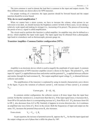 Electronics  �  73
The term common is used to denote the lead that is common to the input and output circuits. The
three different modes are shown above for NPN transistor .
For proper working of a transistor, the input junction should be forward biased and the output
junction should be reverse biased.
Why do we need amplification ?
When we cannot hear a stereo system, we have to increase the volume, when picture in our
television is too dark, we should increase the brightness control. In both of these cases, we are taking a
relatively weak signal and making its stronger (i.e., increasing of its power). The process of increasing
the power of an a.c. signal is called amplification.
The circuit used to perform this function is called amplifier. An amplifier may also be defined as a
device, which amplifies the input weak signal. The input signal may be obtained from a phonograph,
tape head or a transducer such as thermocouple, pressure gauge etc.
Transistor Amplifier- Common Emitter configuration (NPN):
Amplified
Voltage
Signal
Input
Voltage
Signal
Amplifier is an electronic device which is used to magnify the amplitude of weak signal. A common
emitter configuration of NPN transistor amplifier circuit is shown in the figure. The potential VBE
with
input AC signal Vi
is applied between base and emitter and the potential VCE
is applied between collector
and emitter through the load resistance RL
. The output amplified signal voltage VO
is obtained between
collector and emitter.
	 The amplification of the transistor is explained by using its transfer characteristic curve shown
in the figure. It gives the variation of collector current IC
with increase of base current Ib
at constant
VCE
.
				 Current gain,	 b = dIC
/ dIb
	 In common emitter configuration, the collector current is b times larger than the input base
current. So that the variation in IC
is much more than that in Ib
. If the input signal raises, it increases the Ib
from OP to OA and also there is a corresponding increase in IC
from PQ to AA’. If Ib
decreases from OA
to OP, IC
also decreases from AA’ to PQ. Similarly it happens in reverse direction also. As it continues
an amplified sine wave form of IC
flows in the circuit. Both the frequencies of input and output are the
same. If IC
increases the potential drop across RL
also increases.
From circuit, 	 VO
= VCE
– IC
RL
	 As per equation, the increase of potential across RL
opposes the VCE
. So that the input signal and
the output voltage are out of phase that is differ the phase by 1800
.
Vi
Vo
 