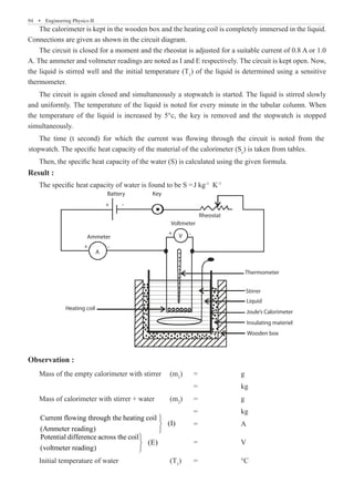 94  �  Engineering Physics-II
The calorimeter is kept in the wooden box and the heating coil is completely immersed in the liquid.
Connections are given as shown in the circuit diagram.
The circuit is closed for a moment and the rheostat is adjusted for a suitable current of 0.8 A or 1.0
A. The ammeter and voltmeter readings are noted as I and E respectively. The circuit is kept open. Now,
the liquid is stirred well and the initial temperature (T1
) of the liquid is determined using a sensitive
thermometer.
The circuit is again closed and simultaneously a stopwatch is started. The liquid is stirred slowly
and uniformly. The temperature of the liquid is noted for every minute in the tabular column. When
the temperature of the liquid is increased by 5°c, the key is removed and the stopwatch is stopped
simultaneously.
Then, the specific heat capacity of the water (S) is calculated using the given formula.
Result :
The specific heat capacity of water is found to be S =	J kg-1
K-1
+
+
+
Battery Key
Rheostat
V
A
-
-
-
Voltmeter
Ammeter
Thermometer
Stirrer
Liquid
Joule’s Calorimeter
Insulating materiel
Wooden box
Heating coil
Observation :
Mass of the empty calorimeter with stirrer	 (m1
)	 =		 g
							 =		 kg
Mass of calorimeter with stirrer + water	 (m2
)	 =		 g
							 =		 kg
Current flowing through the heating coil
(I)
(Ammeter reading)



	 =		 A
Potential difference across the coil
(E)
(voltmeter reading)



		 =		 V
Initial temperature of water			 (T1
)	 =		 °C
The time (t second) for which the current was flowing through the circuit is noted from the
stopwatch. The specific heat capacity of the material of the calorimeter (Sc
) is taken from tables.
 