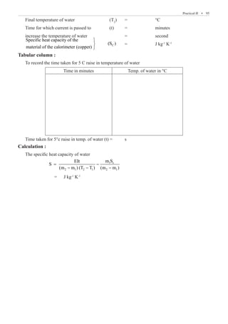 Practical-II  �  95
Final temperature of water			 (T2
)	 =		 °C
Time for which current is passed to 		 (t)	 =		 minutes
increase the temperature of water 			 =		 second
C
Specific heat capacity of the
(S )
material of the calorimeter (copper)



	 =		 J kg-1
K-1
Tabular column :
To record the time taken for 5 C raise in temperature of water
Time in minutes Temp. of water in °C
Time taken for 5°c raise in temp. of water (t) =	 s
Calculation :
The specific heat capacity of water
		
1 c
2 1 2 1 2 1
m S
EIt
S
(m m ) (T T ) (m m )
= −
− − −
		 =	 J kg-1
K-1
 