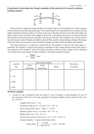 Properties of Matter  �  17
Experiment to determine the Young's modulus of the material of a beam by uniform
bending method:
A B
Mg
Mg
Mg
Mg
l
C D
a a
The given bar is supported symmetrically on two knife edges in a horizontal level, so that a quarter
of the bar projects beyond each knife edge. Two weight hangers are suspended from two loops of string
tightly attached at distances about 5 cm from each end so that their distances from the knife edges are
equal. A pin is fixed vertically at the midpoint of the bar. A traveling microscope is focused on the pin
such that the horizontal crosswire coincides with the tip of the pin. The reading in the vertical scale of
the microscope is noted. Weights are added in steps of M kg and the corresponding readings of the image
of the pin in the microscope are noted. Similarly readings are taken while unloading and tabulated.
			 E =
2
3
3Mgal
2bd y
Nm–2
Load in
Kg
Microscope reading
Elevation y
For M kg
Load
increasing
Load
decreasing
Mean
x
x + M
x+2M
x+3M
Worked examples
	 1.	 A load of 5 kg is attached to the free end of a wire of length 2 m and diameter 0.6 mm. If
the extension of the wire is 0.2 mm, calculate the Young's modulus of the material of the wire.
(g = 9.8 ms-2
)
		 Length of the wire L = 2 m
		 Extension of the wire I = 0.2 mm = 0.2 × 10-3
m
		 Force acting of the wire F = 5kgf = 5 × 9.8 N
		 Diameter of the wire d = 0. 6 mm = 0.6 × 10-3
m
		 Radius of the wire =0.3 × 10-3
m
		 Area of cross section of the wire a = π r2
= π (3 × 10-4
)2
m2
		 Young's modulus = Linear stress/Linear strain
			 Linear stress 4 2
F 5 9.8
A (3 10 )
−
×
=
p ×
= 1.734 × 108
Nm-2
The mean elevation y is found for a load of M kg. The distance 'I' between the knife edges is
measured. The distance 'a' between the point of suspension of the weight and the nearest knife edge is
also measured. The breadth 'b' of the bar found accurately with the vernier calipers and its thickness
d is found with a screw gauge. Young's modulus is calculated using the formula.
 