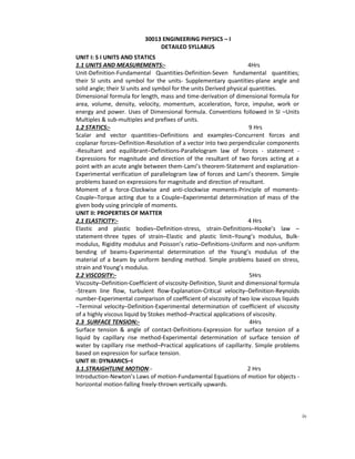 iv
30013 ENGINEERING PHYSICS – I
DETAILED SYLLABUS
UNIT I: S I UNITS AND STATICS
1.1 UNITS AND MEASUREMENTS:- 4Hrs
Unit-Definition-Fundamental Quantities-Definition-Seven fundamental quantities;
their SI units and symbol for the units- Supplementary quantities-plane angle and
solid angle; their SI units and symbol for the units Derived physical quantities.
Dimensional formula for length, mass and time-derivation of dimensional formula for
area, volume, density, velocity, momentum, acceleration, force, impulse, work or
energy and power. Uses of Dimensional formula. Conventions followed in SI –Units
Multiples & sub-multiples and prefixes of units.
1.2 STATICS:- 9 Hrs
Scalar and vector quantities–Definitions and examples–Concurrent forces and
coplanar forces–Definition-Resolution of a vector into two perpendicular components
-Resultant and equilibrant–Definitions-Parallelogram law of forces - statement -
Expressions for magnitude and direction of the resultant of two forces acting at a
point with an acute angle between them-Lami’s theorem-Statement and explanation-
Experimental verification of parallelogram law of forces and Lami’s theorem. Simple
problems based on expressions for magnitude and direction of resultant.
Moment of a force-Clockwise and anti-clockwise moments-Principle of moments-
Couple–Torque acting due to a Couple–Experimental determination of mass of the
given body using principle of moments.
UNIT II: PROPERTIES OF MATTER
2.1 ELASTICITY:- 4 Hrs
Elastic and plastic bodies–Definition-stress, strain-Definitions–Hooke’s law –
statement-three types of strain–Elastic and plastic limit–Young’s modulus, Bulk-
modulus, Rigidity modulus and Poisson’s ratio–Definitions-Uniform and non-uniform
bending of beams-Experimental determination of the Young’s modulus of the
material of a beam by uniform bending method. Simple problems based on stress,
strain and Young’s modulus.
2.2 VISCOSITY:- 5Hrs
Viscosity–Definition-Coefficient of viscosity-Definition, SIunit and dimensional formula
-Stream line flow, turbulent flow-Explanation-Critical velocity–Definition-Reynolds
number-Experimental comparison of coefficient of viscosity of two low viscous liquids
–Terminal velocity–Definition-Experimental determination of coefficient of viscosity
of a highly viscous liquid by Stokes method–Practical applications of viscosity.
2.3 SURFACE TENSION:- 4Hrs
Surface tension & angle of contact-Definitions-Expression for surface tension of a
liquid by capillary rise method-Experimental determination of surface tension of
water by capillary rise method–Practical applications of capillarity. Simple problems
based on expression for surface tension.
UNIT III: DYNAMICS–I
3.1.STRAIGHTLINE MOTION:- 2 Hrs
Introduction-Newton’s Laws of motion-Fundamental Equations of motion for objects -
horizontal motion-falling freely-thrown vertically upwards.
 