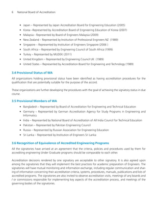6 National Board of Accreditation
• Japan – Represented by Japan Accreditation Board for Engineering Education (2005)
• Korea –Represented by Accreditation Board of Engineering Education of Korea (2007)
• Malaysia - Represented by Board of Engineers Malaysia (2009)
• New Zealand – Represented by Institution of Professional Engineers NZ (1989)
• Singapore – Represented by Institution of Engineers Singapore (2006 )
• South Africa – Represented by Engineering Council of South Africa (1999)
• Turkey – Represented by MUDEK (2011)
• United Kingdom – Represented by Engineering Council UK (1989)
• United States – Represented by Accreditation Board for Engineering and Technology (1989)
3.4 Provisional Status of WA
All organizations holding provisional status have been identified as having accreditation procedures for the
qualification that are potentially suitable for the purpose of the accord.
These organizations are further developing the procedures with the goal of achieving the signatory status in due
course.
3.5 Provisional Members of WA
• Bangladesh – Represented by Board of Accreditation for Engineering and Technical Education
• Germany – Represented by German Accreditation Agency for Study Programs in Engineering and
Informatics
• India – Represented by National Board of Accreditation of All India Council for Technical Education
• Pakistan – Represented by Pakistan Engineering Council
• Russia – Represented by Russian Association for Engineering Education
• Sri Lanka – Represented by Institution of Engineers Sri Lanka
3.6 Recognition of Equivalence of Accredited Engineering Programs
All the signatories have arrived at an agreement that the criteria, policies and procedures used by them for
accrediting engineering Under Graduate programs should be comparable to each other.
Accreditation decisions rendered by one signatory are acceptable to other signatory. It is also agreed upon
among the signatories that they will implement the best practices for academic preparation of Engineers. The
signatories will have mutual monitoring and information exchange, including regular communication and shar-
ing of information concerning their accreditation criteria, systems, procedures, manuals, publications and lists of
accredited programs. The signatories are also invited to observe accreditation visits, meetings of any boards and
/ or commissions responsible for implementing key aspects of the accreditation process, and meetings of the
governing bodies of the signatories.
Manual for UG Engineering.pmd 3/17/2012, 11:20 AM6
 