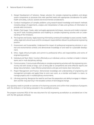 8 National Board of Accreditation
3. Design/ Development of Solutions: Design solutions for complex engineering problems and design
system components or processes that meet specified needs with appropriate consideration for public
health and safety, cultural, societal and environmental considerations.
4. Conduct investigations of complex problems using research-based knowledge and research methods
including design of experiments, analysis and interpretation of data and synthesis of information to
provide valid conclusions.
5. Modern Tool Usage: Create, select and apply appropriate techniques, resources and modern engineer-
ing and IT tools including prediction and modeling to complex engineering activities with an under-
standing of the limitations.
6. The Engineer and Society: Apply reasoning informed by contextual knowledge to assess societal, health,
safety, legal and cultural issues and the consequent responsibilities relevant to professional engineering
practice.
7. Environment and Sustainability: Understand the impact of professional engineering solutions in soci-
etal and environmental contexts and demonstrate knowledge of and need for sustainable develop-
ment.
8. Ethics: Apply ethical principles and commit to professional ethics and responsibilities and norms of
engineering practice.
9. Individual and Team Work: Function effectively as an individual, and as a member or leader in diverse
teams and in multi disciplinary settings.
10. Communication: Communicate effectively on complex engineering activities with the engineering com-
munity and with society at large, such as being able to comprehend and write effective reports and
design documentation, make effective presentations and give and receive clear instructions.
11. Project Management and Finance: Demonstrate knowledge and understanding of engineering and
management principles and apply these to one’s own work, as a member and leader in a team, to
manage projects and in multidisciplinary environments.
12. Life-long Learning: Recognize the need for and have the preparation and ability to engage in indepen-
dent and life- long learning in the broadest context of technological change.
Any signatory needs to provide an overview of its learning outcomes and confirm that compliance of programs
with the attribute is in fact being evaluated in the accreditation process.
The program outcomes (POs) of the new document for UG engineering accreditation as considered are in line
with the WA graduate attributes.
Manual for UG Engineering.pmd 3/17/2012, 11:20 AM8
 