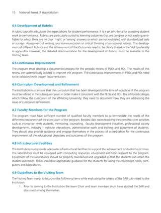 10 National Board of Accreditation
4.4 Development of Rubrics
A rubric basically articulates the expectations for student performance. It is a set of criteria for assessing student
work or performance. Rubrics are particularly suited to learning outcomes that are complex or not easily quanti-
fiable for which there are no clear ‘right’ or ‘wrong’ answers or which are not evaluated with standardized tests
or surveys. Assessment of writing, oral communication or critical thinking often requires rubrics. The develop-
ment of different Rubrics and the achievement of the Outcomes need to be clearly stated in the SAR (preferably
in appendix). However, the detailed documentation for the development of Rubrics must be available to the
Visiting Team.
4.5 Continuous Improvement
The program must develop a documented process for the periodic review of PEOs and POs. The results of this
review are systematically utilized to improve the program. The continuous improvements in PEOs and POs need
to be validated with proper documentation.
4.6 Curriculum Development and Refinement
The Institution must ensure that the curriculum that has been developed at the time of inception of the program
must be refined in the subsequent years in order make it consistent with the PEOs and POs. The affiliated colleges
which follow the curriculum of the affiliating University, they need to document how they are addressing the
issue of curriculum refinement.
4.7 Faculty Members for the Program
The program must have sufficient number of qualified faculty members to accommodate the needs of the
different components of the curriculum of the program. Besides class room teaching they need to cover activities
such as interaction with students, mentoring, counseling, faculty development initiatives, professional society
developments, industry – institute interactions, administrative work and training and placement of students.
They should also provide guidance and engage themselves in the process of accreditation for the continuous
improvement of the educational objectives and outcomes of the program.
4.8 Infrastructural Facilities
The Institution must provide adequate infrastructural facilities to support the achievement of student outcomes.
The laboratories must be equipped with computing resources, equipment and tools relevant to the program.
Equipment of the laboratories should be properly maintained and upgraded so that the students can attain the
student outcomes. There should be appropriate guidance for the students for using the equipment, tools, com-
puters and laboratories.
4.9 Guidelines to the Visiting Team
The Visiting Team needs to focus on the following items while evaluating the criteria of the SAR submitted by the
Institution.
1. Prior to coming to the Institution the team Chair and team members must have studied the SAR and
discussed among themselves.
Manual for UG Engineering.pmd 3/17/2012, 11:20 AM10
 