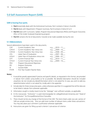 14 National Board of Accreditation
5.0 Self Assessment Report (SAR)
SAR is having four parts.
• Part I essentially deals with the Institutional Summary. Part I contains Criteria I, II and III.
• Part II deals with Department / Program Summary. Part II contains Criteria IV to X.
• Part III deals with Curriculum, Syllabi, Program Educational Objectives (PEOs) and Program Outcomes
(POs ) of the Under Graduate Engineering program.
• Part IV contains the list of documents / records to be made available during the visit.
5.1 Abbreviations
Several abbreviations have been used in this documents.
CAY : Current Academic Year e.g., __2010 – 11___
CAYm1 : Current Academic Year minus one e.g., __2009 – 10___
CAYm2 : Current Academic Year minus two e.g., __2008 – 09___
LYG : Latest Year of Graduation e.g., __2007 – 08___
LYGm1 : Latest Year of Graduation minus one e.g., __2006 – 07___
CFY : Current Financial Year e.g., __2010 – 11___
CFYm1 : Current Financial Year minus one e.g., __2009 – 10___
PEO : Program Educational Objectives
PO : Program Outcomes
SI : Success Index
FYSTR : First Year Student Teacher Ratio
Notes:
1. It would be greatly appreciated if precise and specific details, as requested in this format, are provided
in tabular form and/or using bullets as far as possible. No detailed description should be included
anywhere; do not include any detail/information which is not asked for. In case, you wish to add any
data/information which is not asked for, kindly add in the appendix.
2. Include data for three consecutive years, unless otherwise specified. It is suggested that all the data are
to be listed in tabular form wherever applicable.
3. Information sought is mostly meant to be the “Average” over sufficient samples, as applicable.
4. In this manuscript, “Institution” is used interchangeably for college/Institute/ University and “Head of
the Institution” for Principal/Director/Vice-Chancellor.
5 . There should not be any change of the Format of the SAR. The items listed under any sub- section of
SAR are sample entries only. One can add more number of relevant items under these sub-sections.
You may also place your comment / justification wherever applicable.
6. Instructions are given for filling up each criterion / sub-section of criterion.
Manual for UG Engineering.pmd 3/17/2012, 11:20 AM14
 