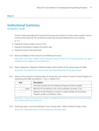 Manual for Accreditation of Undergraduate Engineering Programs 17
Part I
Institutional Summary
(Criterion I to III)
The Part I deals essentially with Institutional Summary and contains first three criteria namely Criteria I,
Criteria II and Criteria III. The numbering scheme that has been followed here are as follows:
X. Y. Z
X represents criteria number such as I, II etc.
Y represents Institute(I) or Program (P) specific data
Z represents sections and sub-section
I.0.1 Name and Address of the Institution and affiliating University:
(Instruction: The name, address of the Institution and the name of the University which has given
affiliation to this college are to be listed here.)
I.0.2. Name, Designation, Telephone, Mobile Numbers and E-mail IDs of the contact person for NBA.
(Instruction: The name of the contact person with other details have to be placed here.)
I.0.3. History of the Institution (including dates of introduction and number of seats of various Programs of
study along with NBA accreditation, if any), in tabular form:
Year Description
............. Institution started with the following Programs (Intake strength) . . . . .
.............(date) NBA-AICTE Accreditation visits and accreditation granted, if any . . . .
............. Addition of new Programs, increase in intake strength of the existing
Programs and/or accreditation status . . . .
(Instruction: History of the Institution and its chronological development along with the past accredita-
tion records need to be listed here.)
I.0.4. Ownership Status: Govt.(Central/State) / Trust / Society (Govt. / NGO / Private) / Private/ Other
(Instruction: Ownership status of the Institute has to be listed here.)
Manual for UG Engineering.pmd 3/17/2012, 11:20 AM17
 