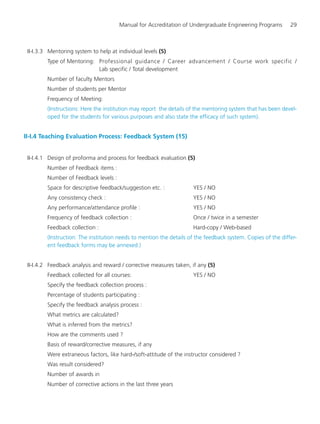 Manual for Accreditation of Undergraduate Engineering Programs 29
II-I.3.3 Mentoring system to help at individual levels (5)
Type of Mentoring: Professional guidance / Career advancement / Course work specific /
Lab specific / Total development
Number of faculty Mentors
Number of students per Mentor
Frequency of Meeting:
(Instructions: Here the institution may report the details of the mentoring system that has been devel-
oped for the students for various purposes and also state the efficacy of such system).
II-I.4 Teaching Evaluation Process: Feedback System (15)
II-I.4.1 Design of proforma and process for feedback evaluation (5)
Number of Feedback items :
Number of Feedback levels :
Space for descriptive feedback/suggestion etc. : YES / NO
Any consistency check : YES / NO
Any performance/attendance profile : YES / NO
Frequency of feedback collection : Once / twice in a semester
Feedback collection : Hard-copy / Web-based
(Instruction: The institution needs to mention the details of the feedback system. Copies of the differ-
ent feedback forms may be annexed.)
II-I.4.2 Feedback analysis and reward / corrective measures taken, if any (5)
Feedback collected for all courses: YES / NO
Specify the feedback collection process :
Percentage of students participating :
Specify the feedback analysis process :
What metrics are calculated?
What is inferred from the metrics?
How are the comments used ?
Basis of reward/corrective measures, if any
Were extraneous factors, like hard-/soft-attitude of the instructor considered ?
Was result considered?
Number of awards in
Number of corrective actions in the last three years
Manual for UG Engineering.pmd 3/17/2012, 11:20 AM29
 