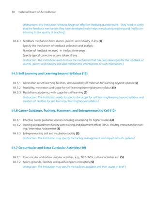 30 National Board of Accreditation
(Instructions: The institution needs to design an effective feedback questionnaire. They need to justify
that the feedback mechanism they have developed really helps in evaluating teaching and finally con-
tributing to the quality of teaching).
II-I.4.3 Feedback mechanism from alumni, parents and industry, if any (5)
Specify the mechanism of feedback collection and analysis :
Number of feedback received in the last three years :
Specify typical corrective actions taken, if any :
(Instruction: The institution needs to state the mechanism that has been developed for the feedback of
alumni, parent and industry and also mention the effectiveness of such mechanism.)
II-I.5 Self Learning and Learning beyond Syllabus (15)
II-I.5.1 Generation of self-learning facilities, and availability of materials for learning beyond syllabus (5)
II-I.5.2 Possibility, motivation and scope for self-learning/learning-beyond-syllabus (5)
II-I.5.3 Flexibility in academics with scope for self learning (5)
(Instruction: The Institution needs to specify the scope for self learning/learning beyond syllabus and
creation of facilities for self learning / learning beyond syllabus.)
II-I.6 Career Guidance, Training, Placement and Entrepreneurship Cell (10)
II-I.6.1 Effective career guidance services including counseling for higher studies (4)
II-I.6.2 Training and placement facility with training and placement officer (TPO), industry interaction for train-
ing / internship / placement (4)
II-I.6.3 Entrepreneurship cell and incubation facility (2)
(Instruction: The Institution may specify the facility, management and impact of such systems)
II-I.7 Co-curricular and Extra Curricular Activities (10)
II-I.7.1 Co-curricular and extra-curricular activities, e.g., NCC/ NSS, cultural activities etc. (5)
II-I.7.2 Sports grounds, facilities and qualified sports instructors (5)
(Instruction: The Institution may specify the facilities available and their usage in brief )
Manual for UG Engineering.pmd 3/17/2012, 11:20 AM30
 