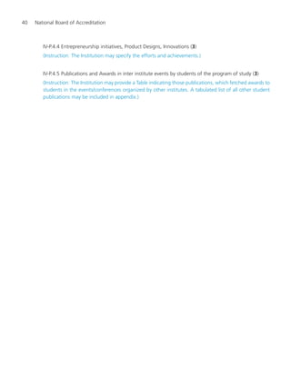 40 National Board of Accreditation
IV-P.4.4 Entrepreneurship initiatives, Product Designs, Innovations (3)
(Instruction: The Institution may specify the efforts and achievements.)
IV-P.4.5 Publications and Awards in inter institute events by students of the program of study (3)
(Instruction: The Institution may provide a Table indicating those publications, which fetched awards to
students in the events/conferences organized by other institutes. A tabulated list of all other student
publications may be included in appendix.)
Manual for UG Engineering.pmd 3/17/2012, 11:20 AM40
 