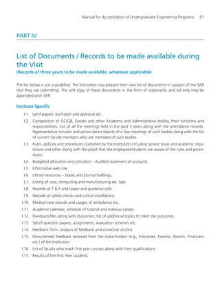 Manual for Accreditation of Undergraduate Engineering Programs 61
PART IV
List of Documents / Records to be made available during
the Visit
(Records of three years to be made available, wherever applicable)
The list below is just a guideline. The Institution may prepare their own list of documents in support of the SAR
that they are submitting. The soft copy of these documents in the form of statements and list only may be
appended with SAR.
Institute Specific
I.1. Land papers, built-plan and approval etc.
I.2. Composition of GC/GB, Senate and other Academic and Administrative bodies, their functions and
responsibilities. List of all the meetings held in the past 3 years along with the attendance records.
Representative minutes and action-taken reports of a few meetings of such bodies along with the list
of current faculty members who are members of such bodies.
I.3. Rules, policies and procedures published by the Institution including service book and academic regu-
lations and other along with the proof that the employees/students are aware of the rules and proce-
dures.
I.4. Budgeted allocation and utilization : Audited statement of accounts
I.5. Informative web site
I.6. Library resources – books and journal holdings,
I.7. Listing of core, computing and manufacturing etc. labs
I.8. Records of T & P and career and guidance cells
I.9. Records of safety checks and critical installations
I.10. Medical care records and usages of ambulance etc.
I.11. Academic calendar, schedule of tutorial and makeup classes
I.12. Handouts/files along with Outcomes; list of additional topics to meet the outcomes.
I.13. Set of question papers, assignments, evaluation schemes etc.
I.14. Feedback form, analysis of feedback and corrective actions
I.15. Documented feedback received from the stake-holders (e.g., Industries, Parents, Alumni, Financiers
etc.) of the Institution
I.16. List of faculty who teach first year courses along with their qualifications
I.17. Results of the First Year students.
Manual for UG Engineering.pmd 3/17/2012, 11:20 AM61
 