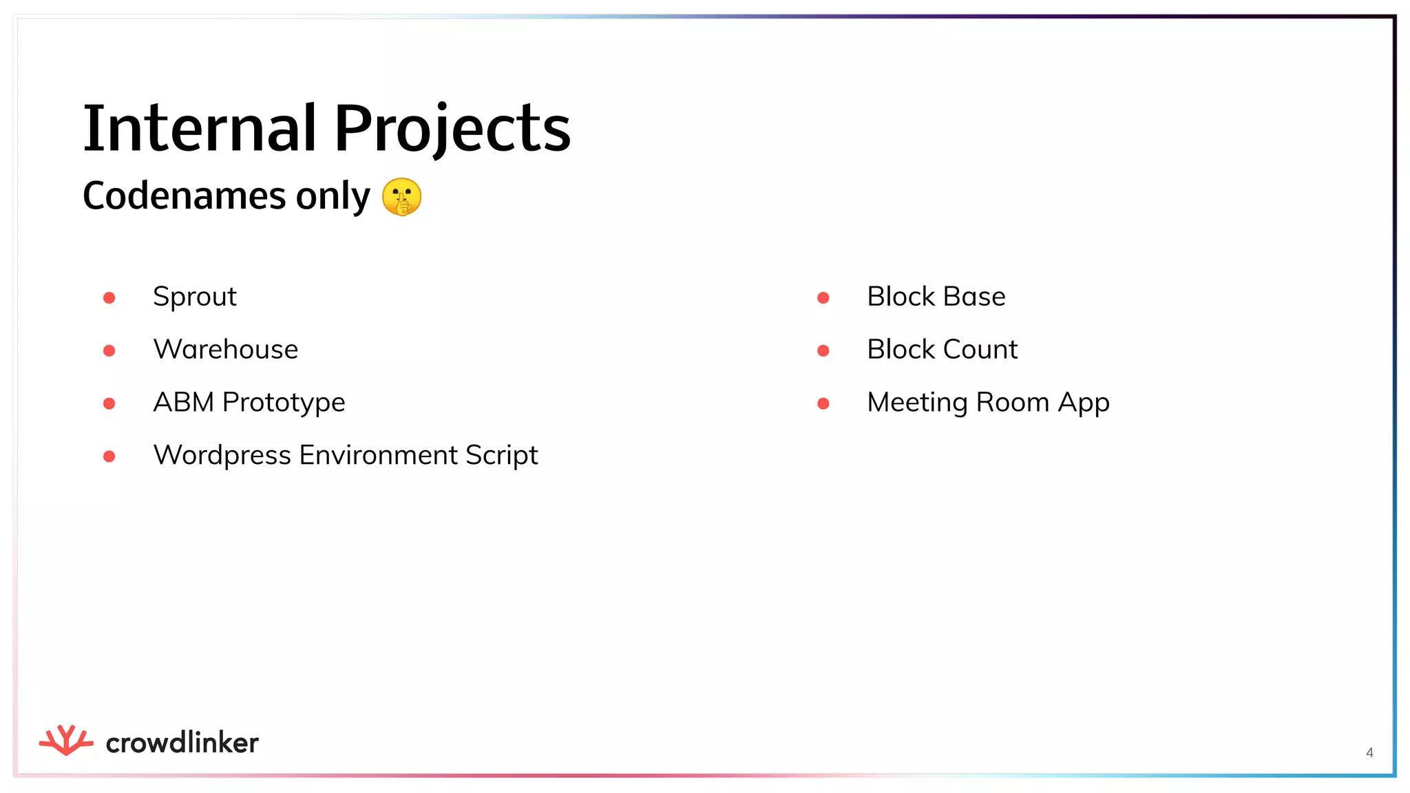 ● Sprout
● Warehouse
● ABM Prototype
● Wordpress Environment Script
4
Internal Projects
● Block Base
● Block Count
● Meeting Room App
Codenames only 🤫
 