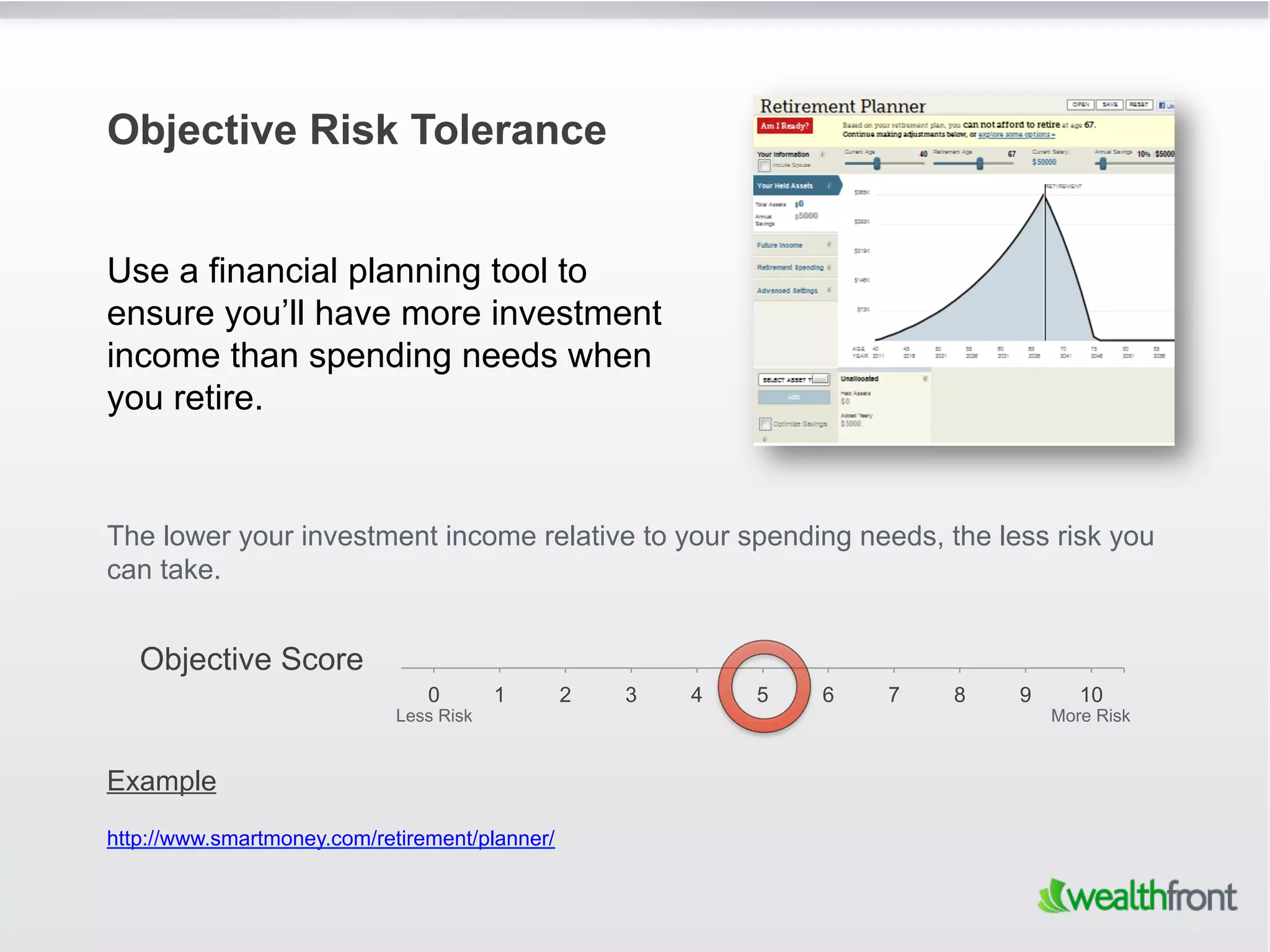 Objective Risk Tolerance


Use a financial planning tool to
ensure you’ll have more investment
income than spending needs when
you retire.


The lower your investment income relative to your spending needs, the less risk you
can take.


   Objective Score
                                0        1      2   3   4   5   6   7   8   9      10
                             Less Risk                                          More Risk


Example
http://www.smartmoney.com/retirement/planner/
 