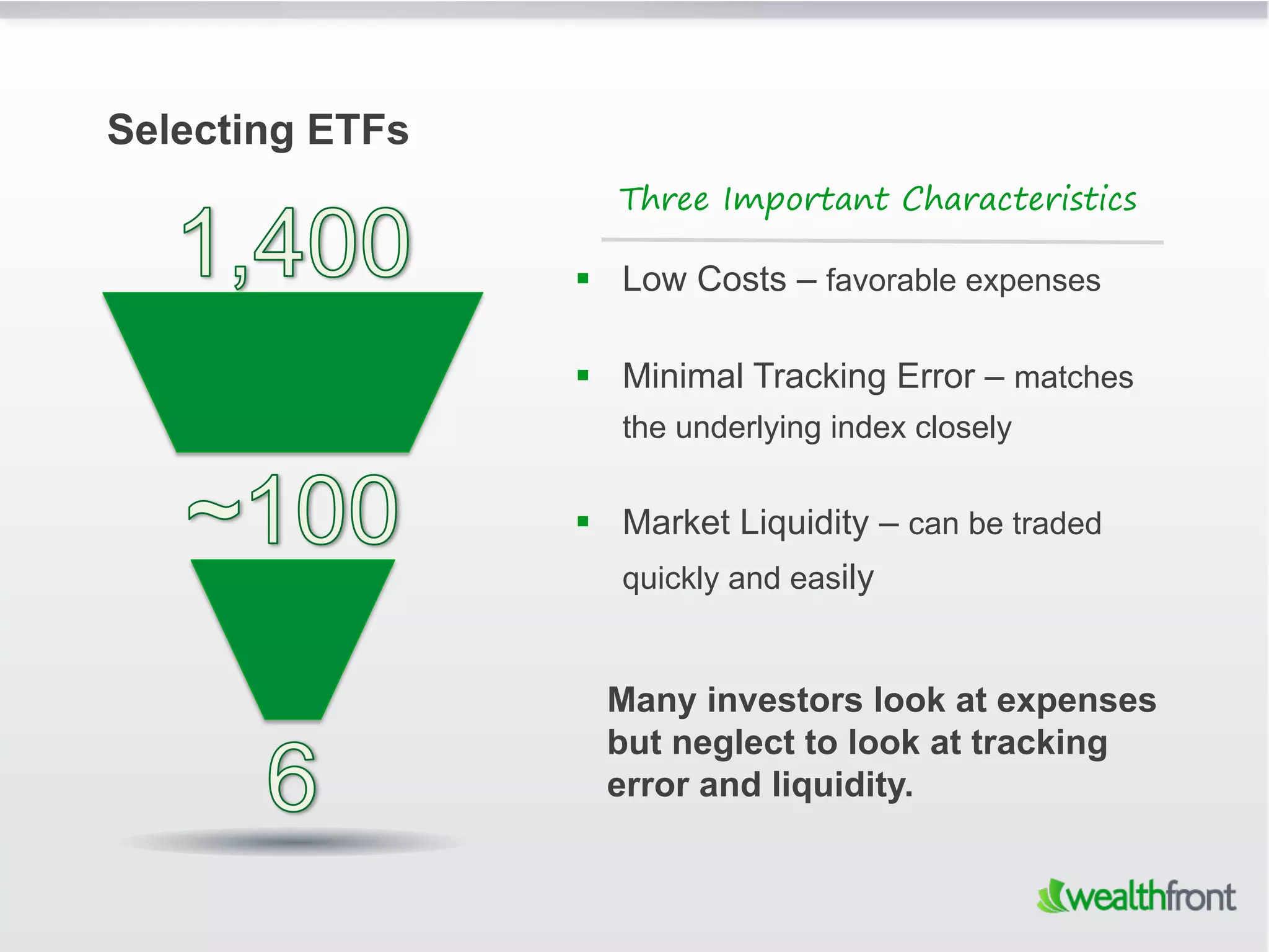 Selecting ETFs
                   Three Important Characteristics

                   Low Costs – favorable expenses

                   Minimal Tracking Error – matches
                    the underlying index closely


                   Market Liquidity – can be traded
                    quickly and easily


                   Many investors look at expenses
                   but neglect to look at tracking
                   error and liquidity.
 