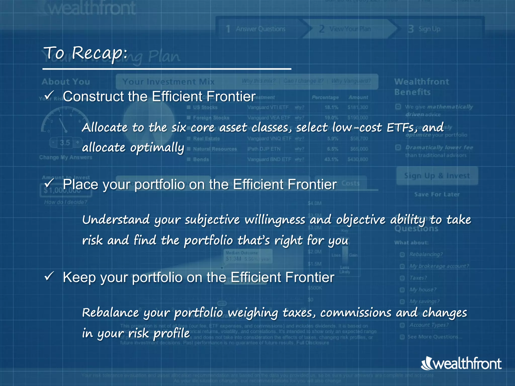 To Recap:

  Construct the Efficient Frontier

      Allocate to the six core asset classes, select low-cost ETFs, and
      allocate optimally


  Place your portfolio on the Efficient Frontier

      Understand your subjective willingness and objective ability to take
      risk and find the portfolio that’s right for you


  Keep your portfolio on the Efficient Frontier

      Rebalance your portfolio weighing taxes, commissions and changes
      in your risk profile
 