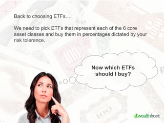 Back to choosing ETFs…

We need to pick ETFs that represent each of the 6 core
asset classes and buy them in percentages d...