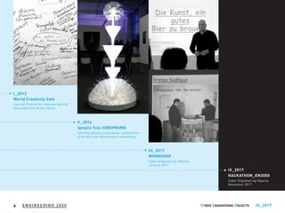 I_2013
World Creativity Café
Concept finding for engineering and
the production of the future
II_2014
Ignazio Tola VORSPRUNG
Interdisciplinary inspiration, competition
of artists and international networking
III_2017
WORKSHOP
Cyber Engineering Objects
January 2017
IV_2017
HACKATHON_EN2050
Cyber Engineering Objects
November 2017
ENGINEERING 2050 III_20174
 