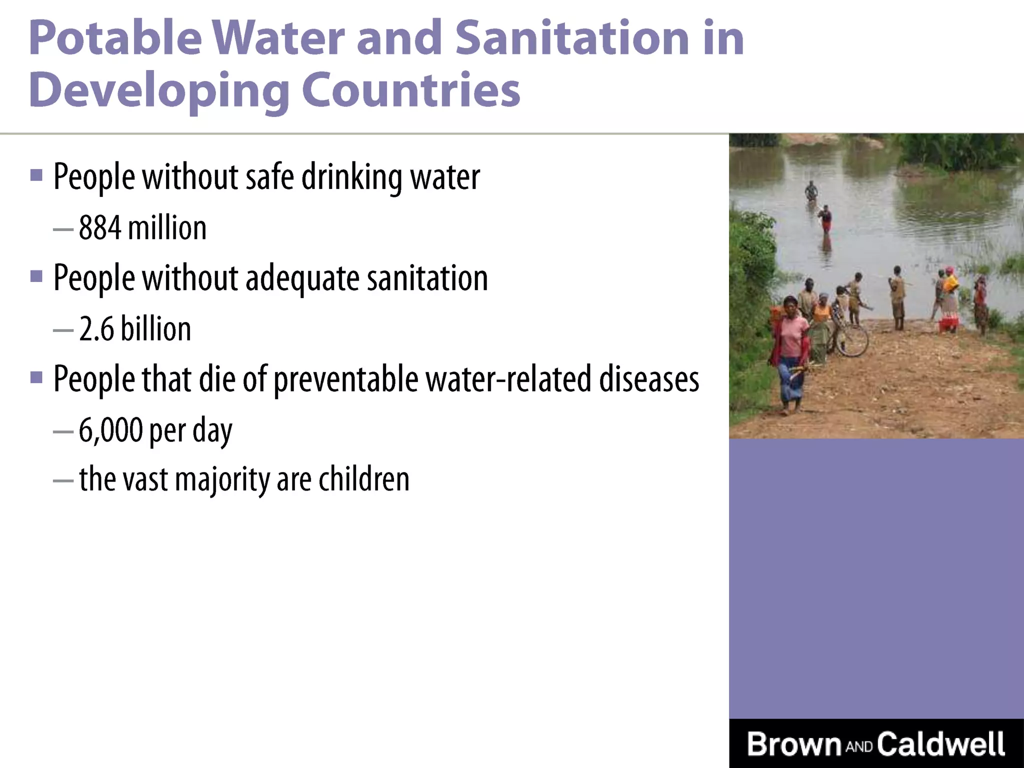 Potable Water and Sanitation in Developing CountriesPeople without safe drinking water884 millionPeople without adequate sanitation 2.6 billionPeople that die of preventable water-related diseases6,000 per daythe vast majority are children