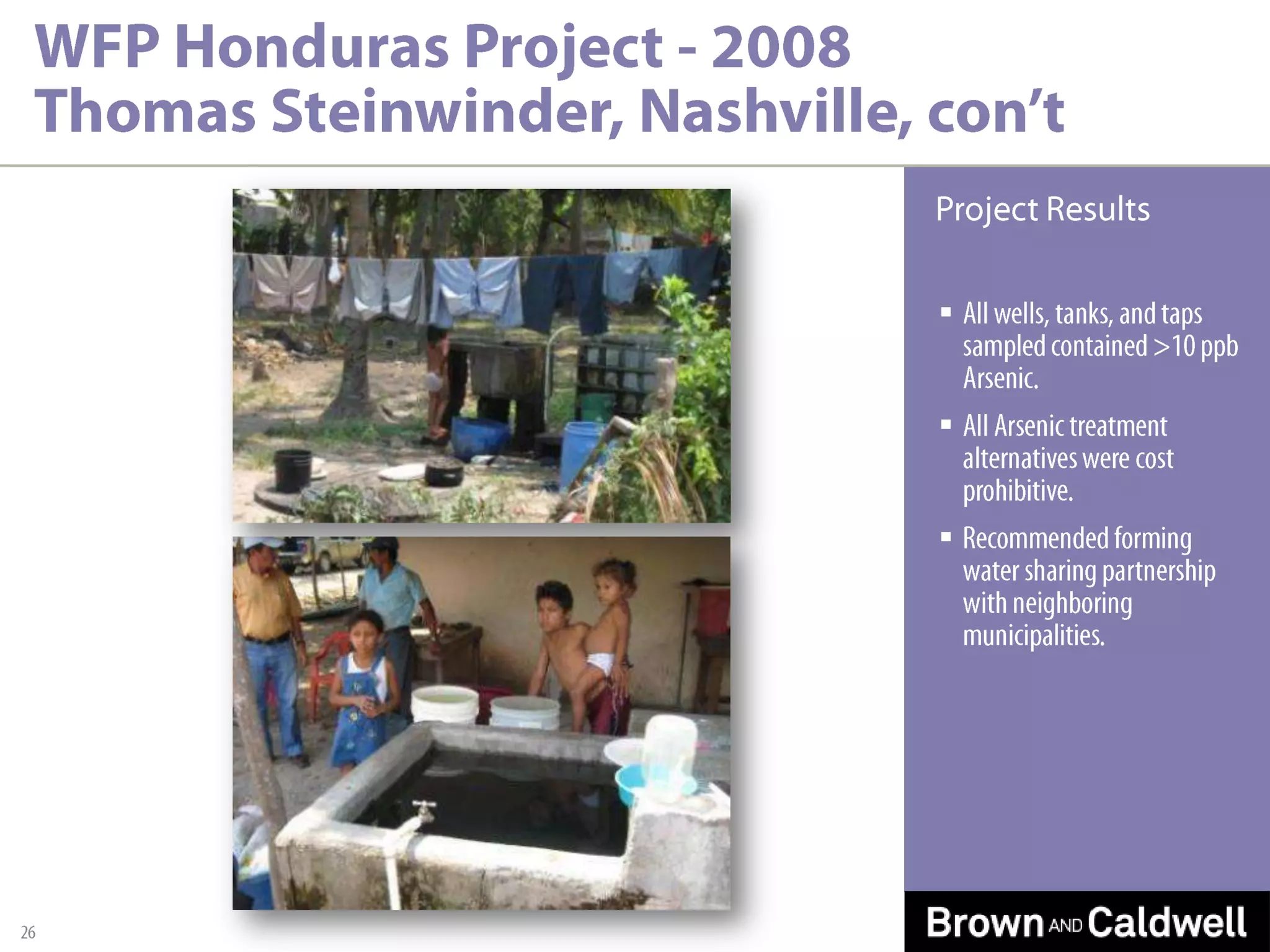 WFP Honduras Project - 2009Thomas Steinwinder, Nashville27Feasibility StudyAnalysis of Regional Water Distribution System    4 municipalities~100,000 peopleIn-country evaluation of 4 potential sourcesDevelop report to help municipalities obtain a World Bank loan.