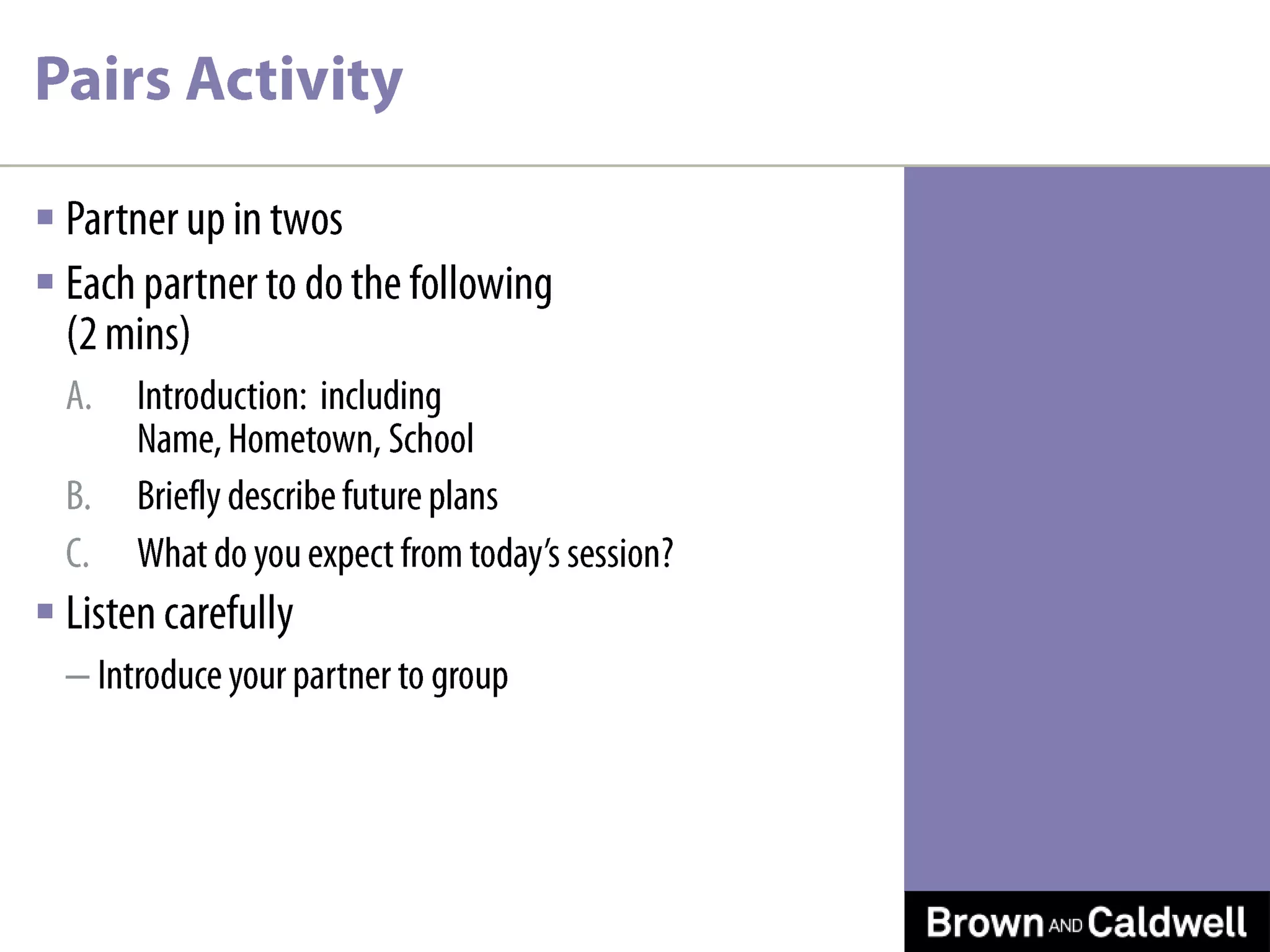 Pairs ActivityPartner up in twosEach partner to do the following(2 mins)Introduction:  including Name, Hometown, SchoolBriefly describe future plansWhat do you expect from today’s session?Listen carefullyIntroduce your partner to group