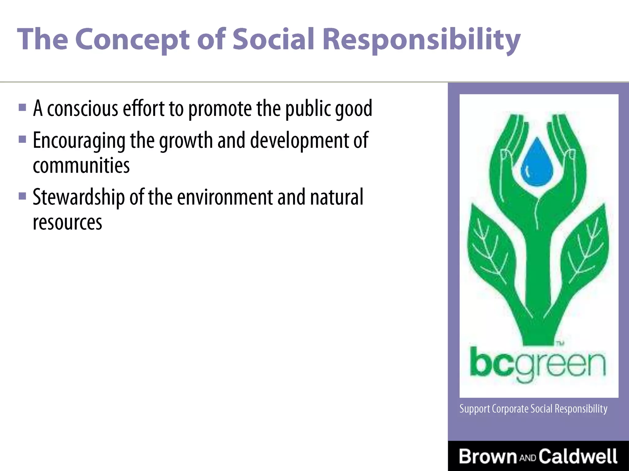 A conscious effort to promote the public goodEncouraging the growth and development of communitiesStewardship of the environment and natural resourcesThe Concept of Social ResponsibilitySupport Corporate Social Responsibility