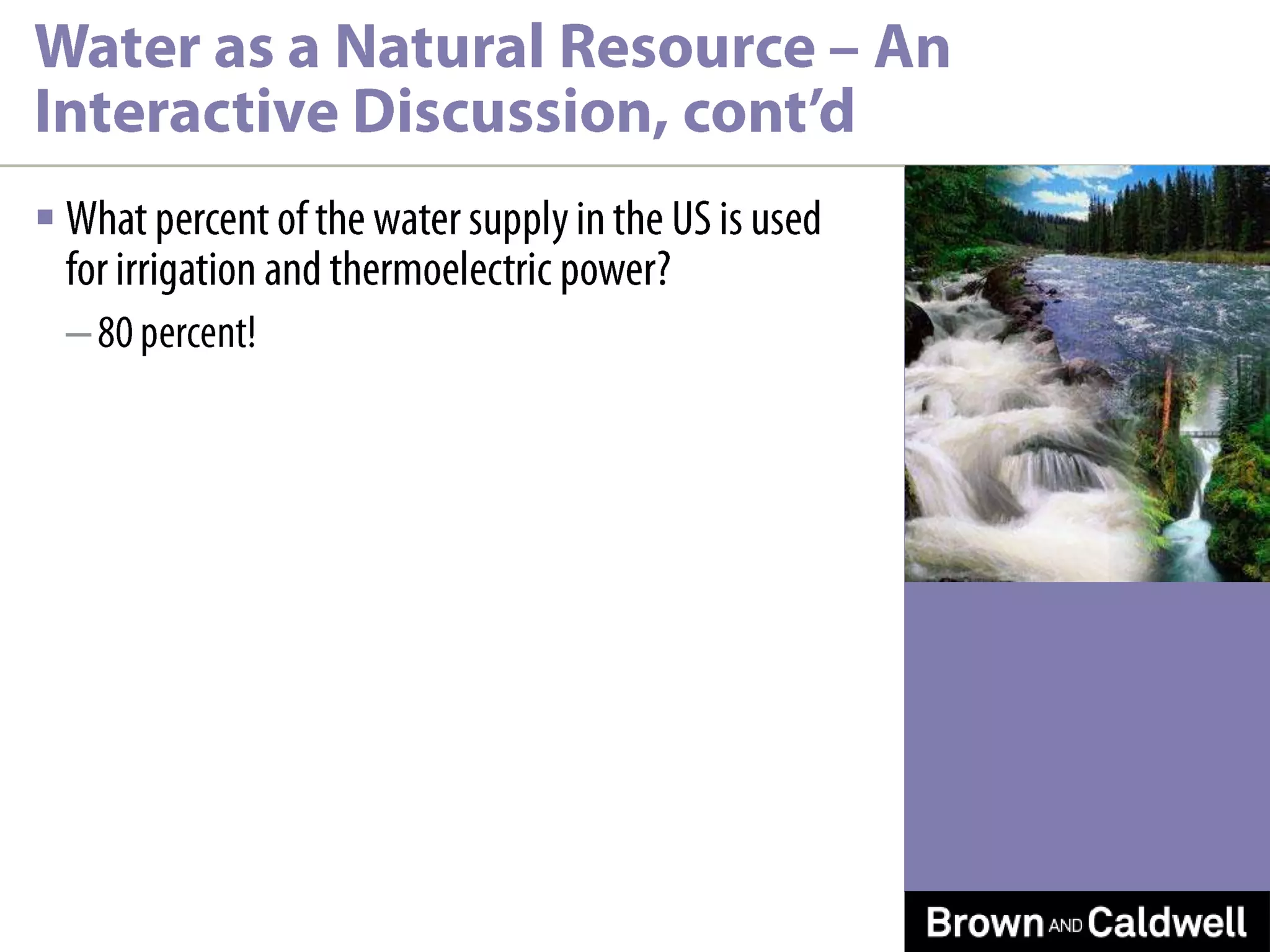 What percent of the water supply in the US is used for irrigation and thermoelectric power?80 percent!Water as a Natural Resource – An Interactive Discussion, cont’d