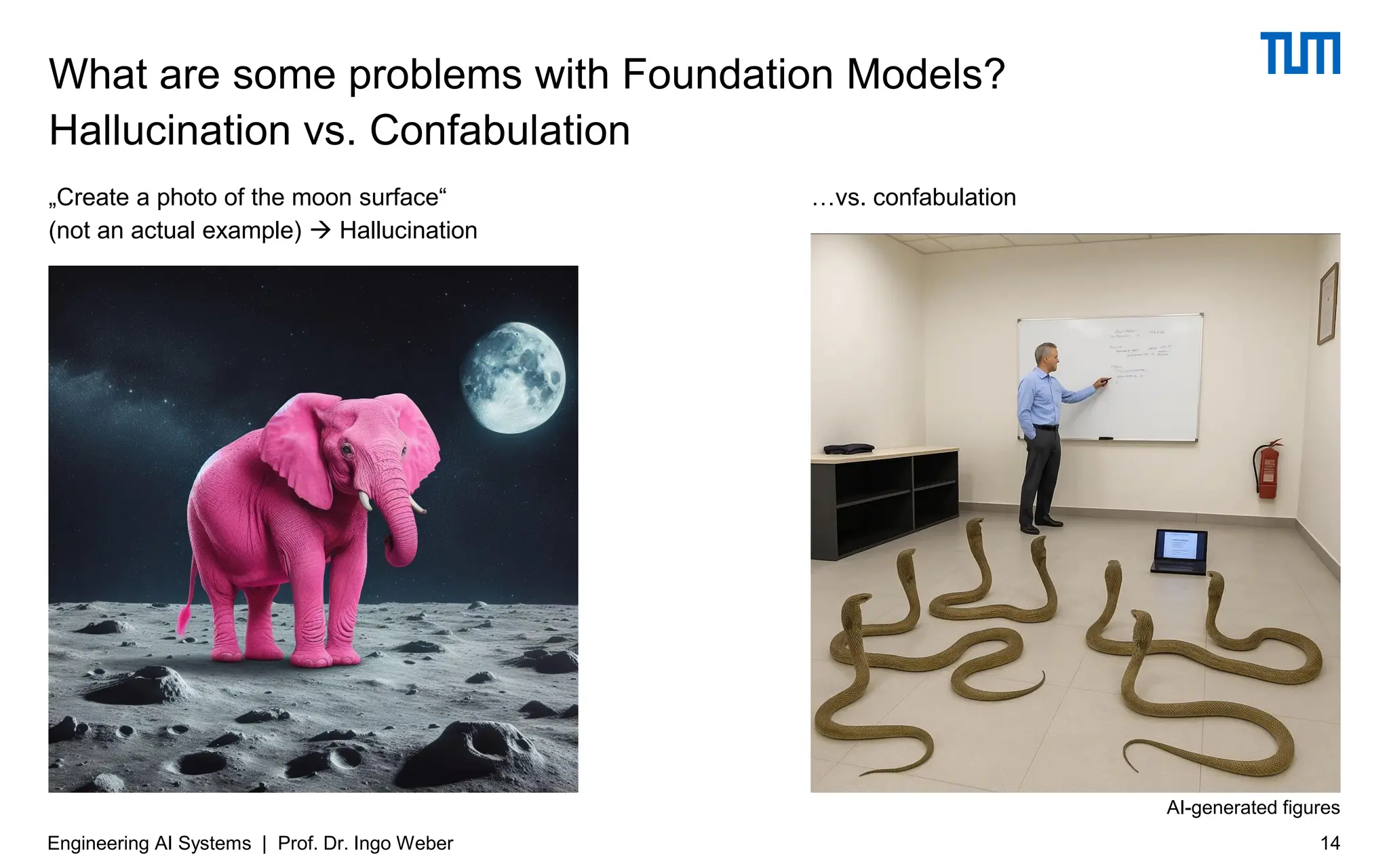 What are some problems with Foundation Models?
Hallucination vs. Confabulation
14
Engineering AI Systems | Prof. Dr. Ingo Weber
„Create a photo of the moon surface“
(not an actual example) → Hallucination
…vs. confabulation
AI-generated figures
 