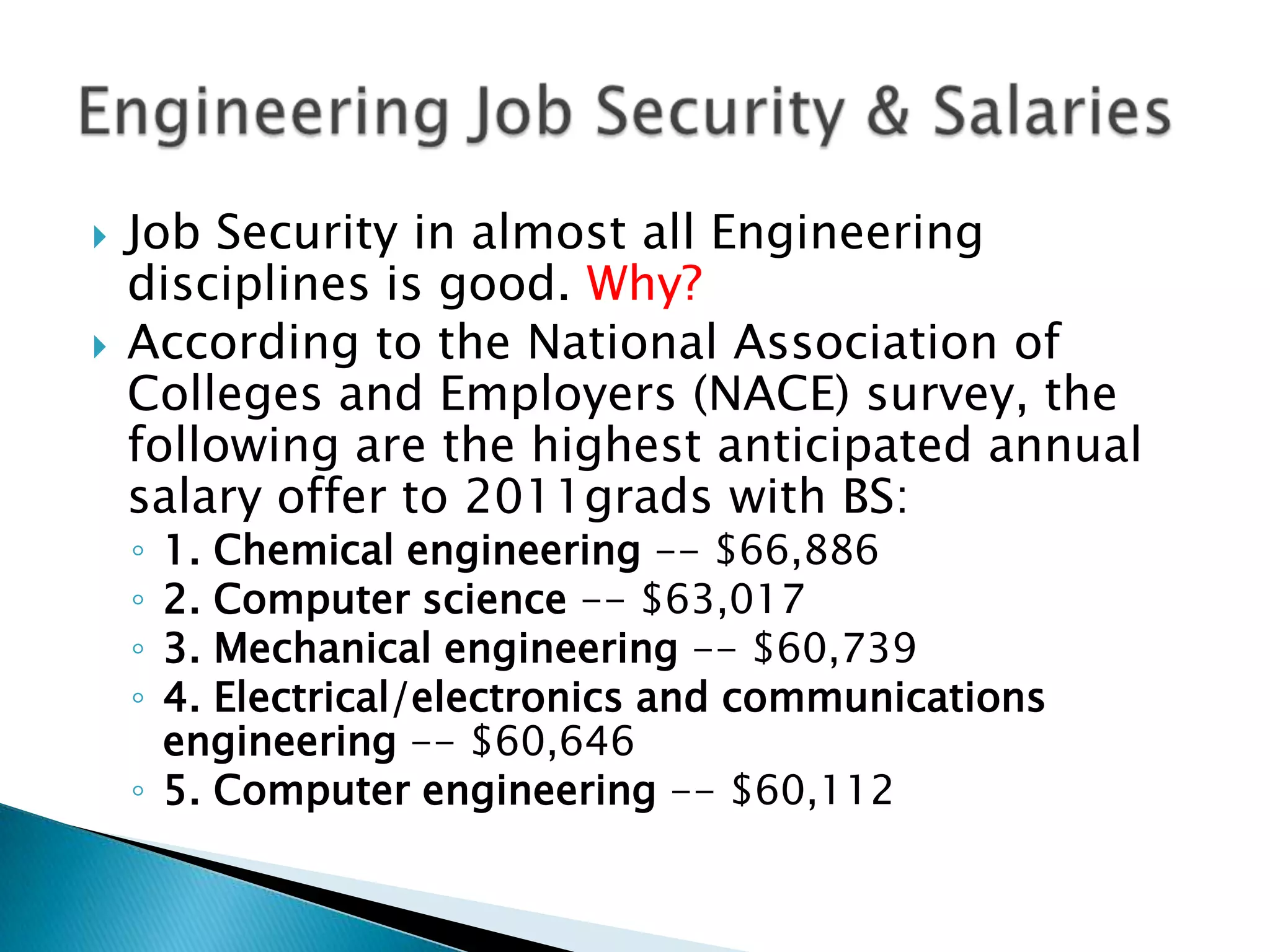    Job Security in almost all Engineering
    disciplines is good. Why?
   According to the National Association of
    Colleges and Employers (NACE) survey, the
    following are the highest anticipated annual
    salary offer to 2011grads with BS:
    ◦ 1. Chemical engineering -- $66,886
    ◦ 2. Computer science -- $63,017
    ◦ 3. Mechanical engineering -- $60,739
    ◦ 4. Electrical/electronics and communications
      engineering -- $60,646
    ◦ 5. Computer engineering -- $60,112
 