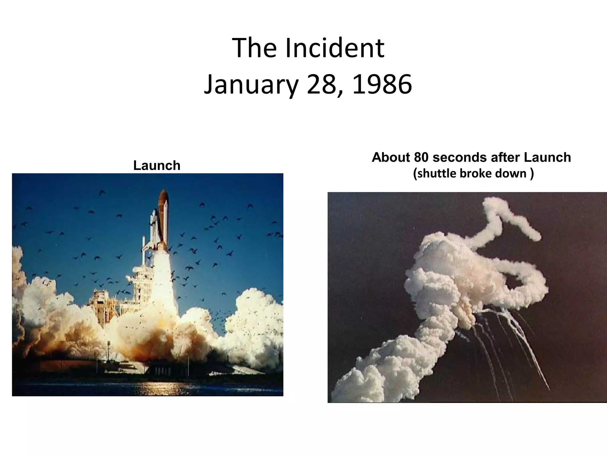 The Incident
January 28, 1986
Launch
About 80 seconds after Launch
(shuttle broke down )
  
                                                                  
    
  
                                                              
    
 